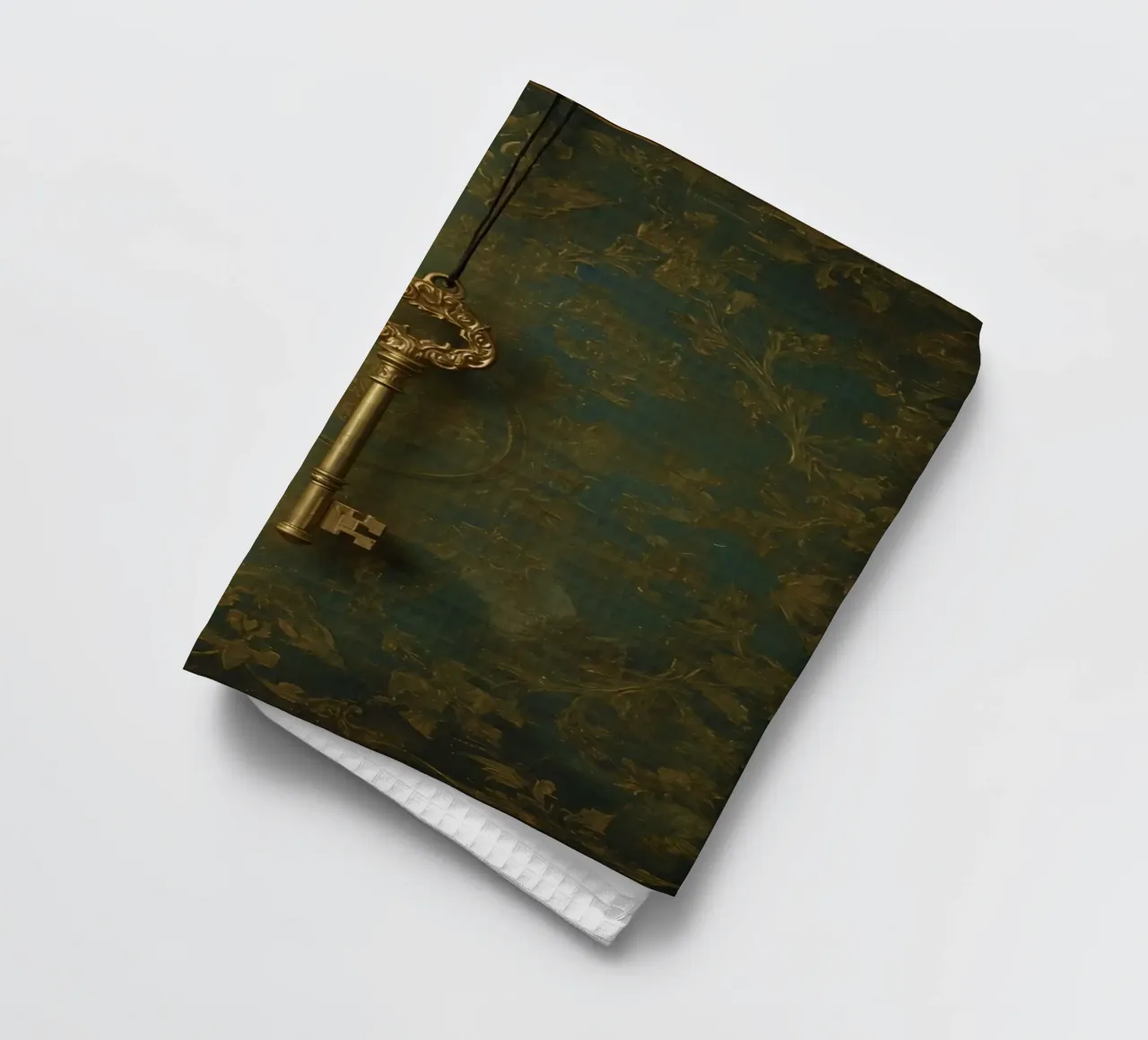 Clé suspendue sur un fond texturé avec des fleurs complexes. torchon de DesignDoodle