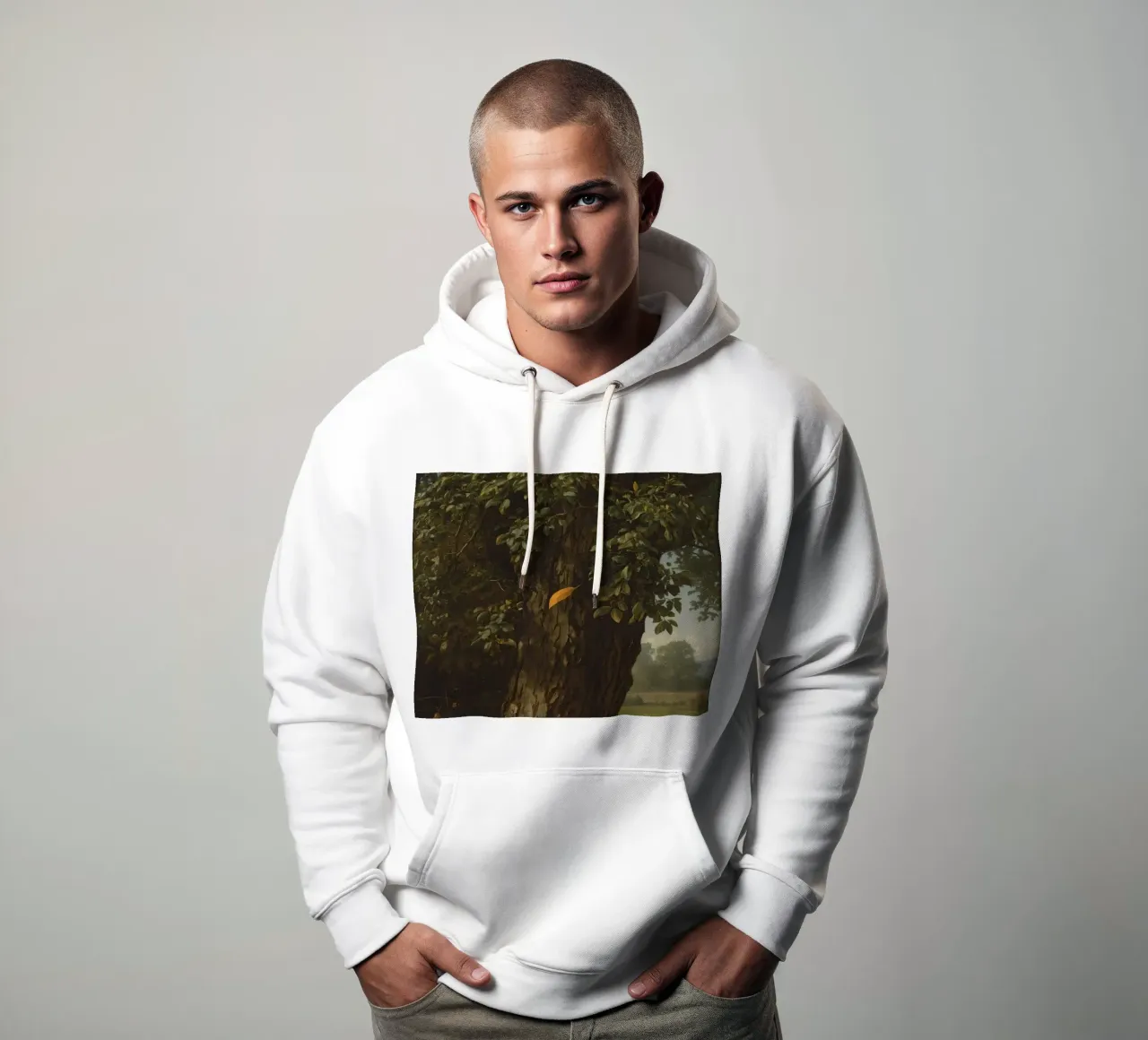 Un albero maestoso si erge in un paesaggio di colline lontane felpa con cappuccio da DesignDoodle