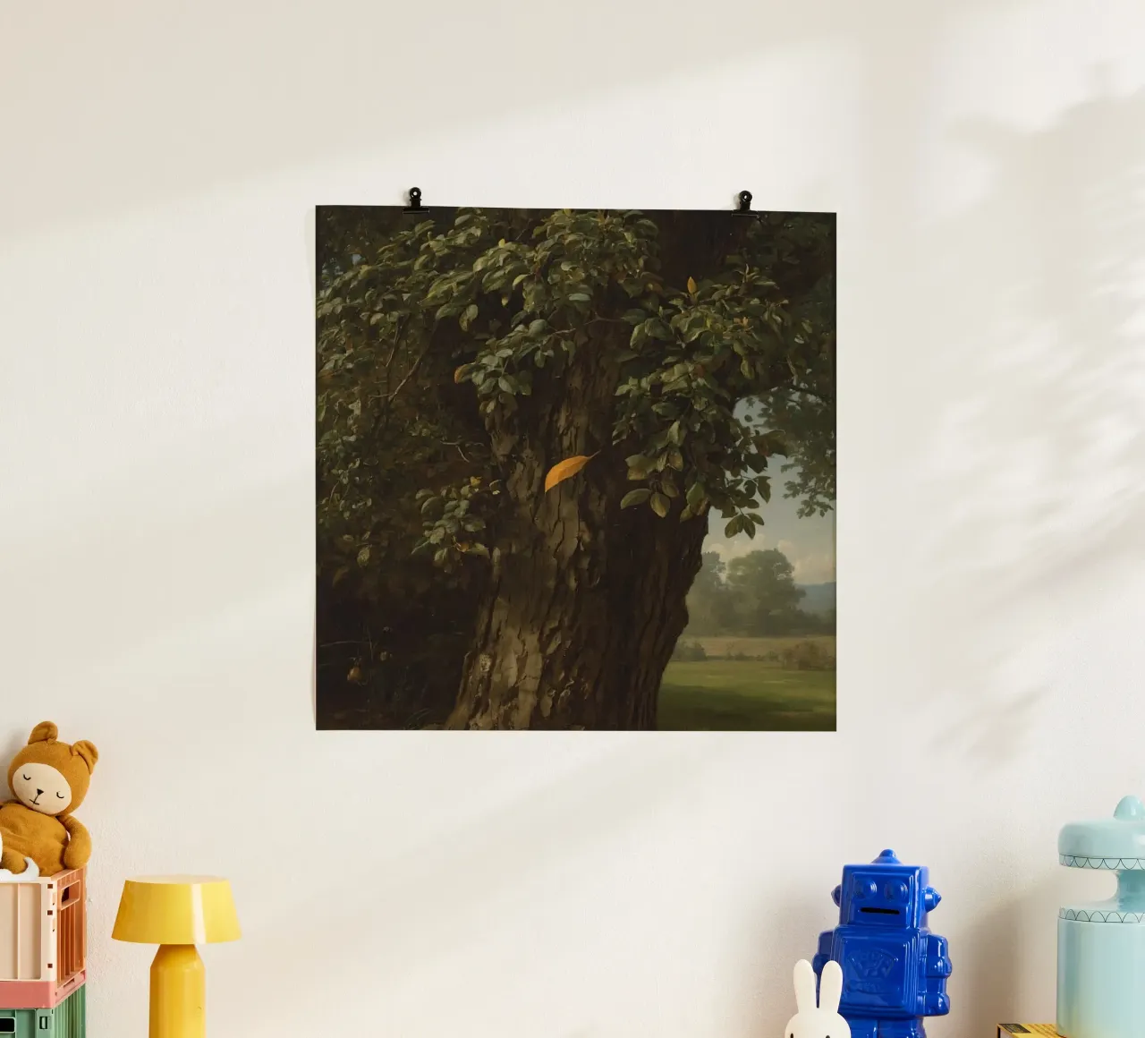 Majestic tree stands tall in a landscape with distant hills poster with aluminum frame by DesignDoodle