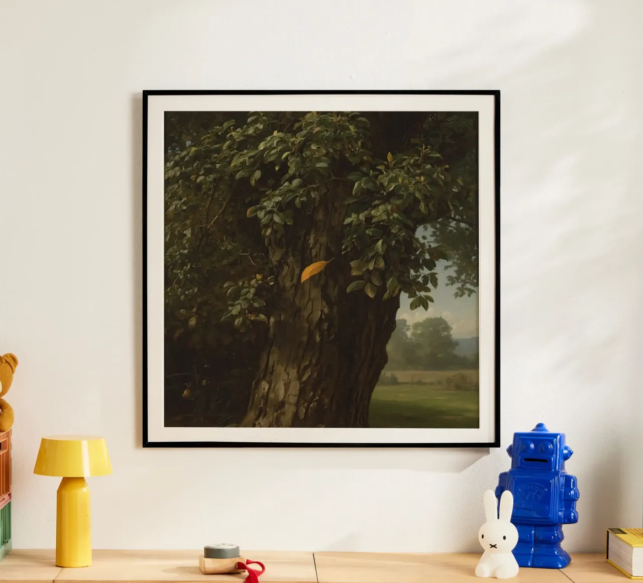 Majestic tree stands tall in a landscape with distant hills poster with aluminum frame by DesignDoodle