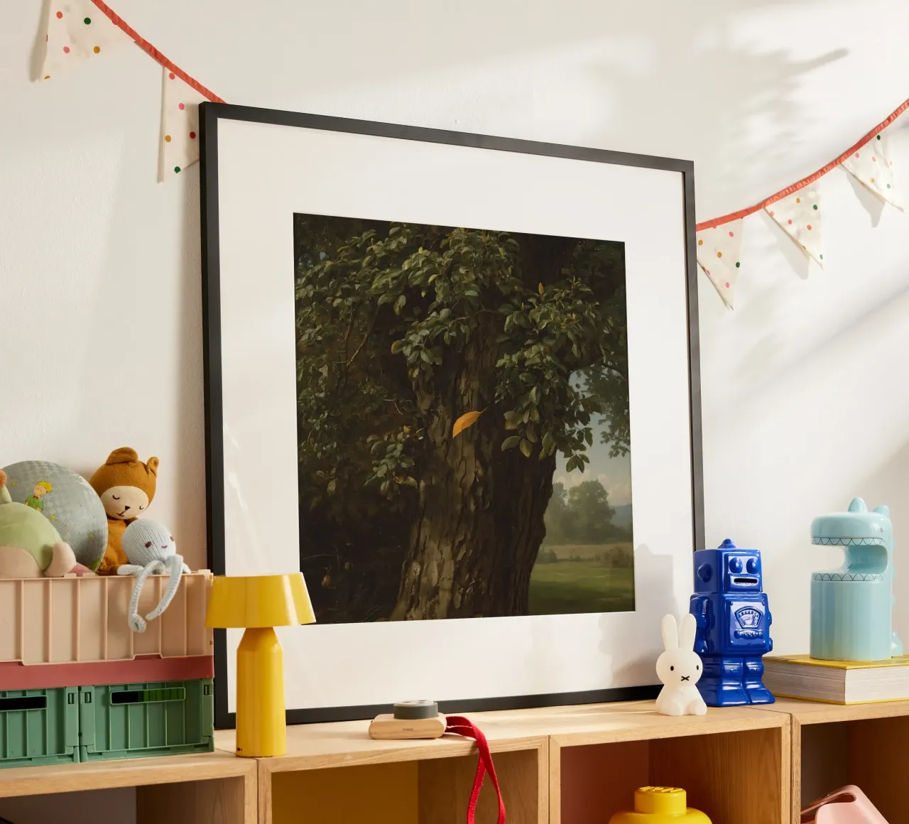 Majestic tree stands tall in a landscape with distant hills poster with aluminum frame by DesignDoodle