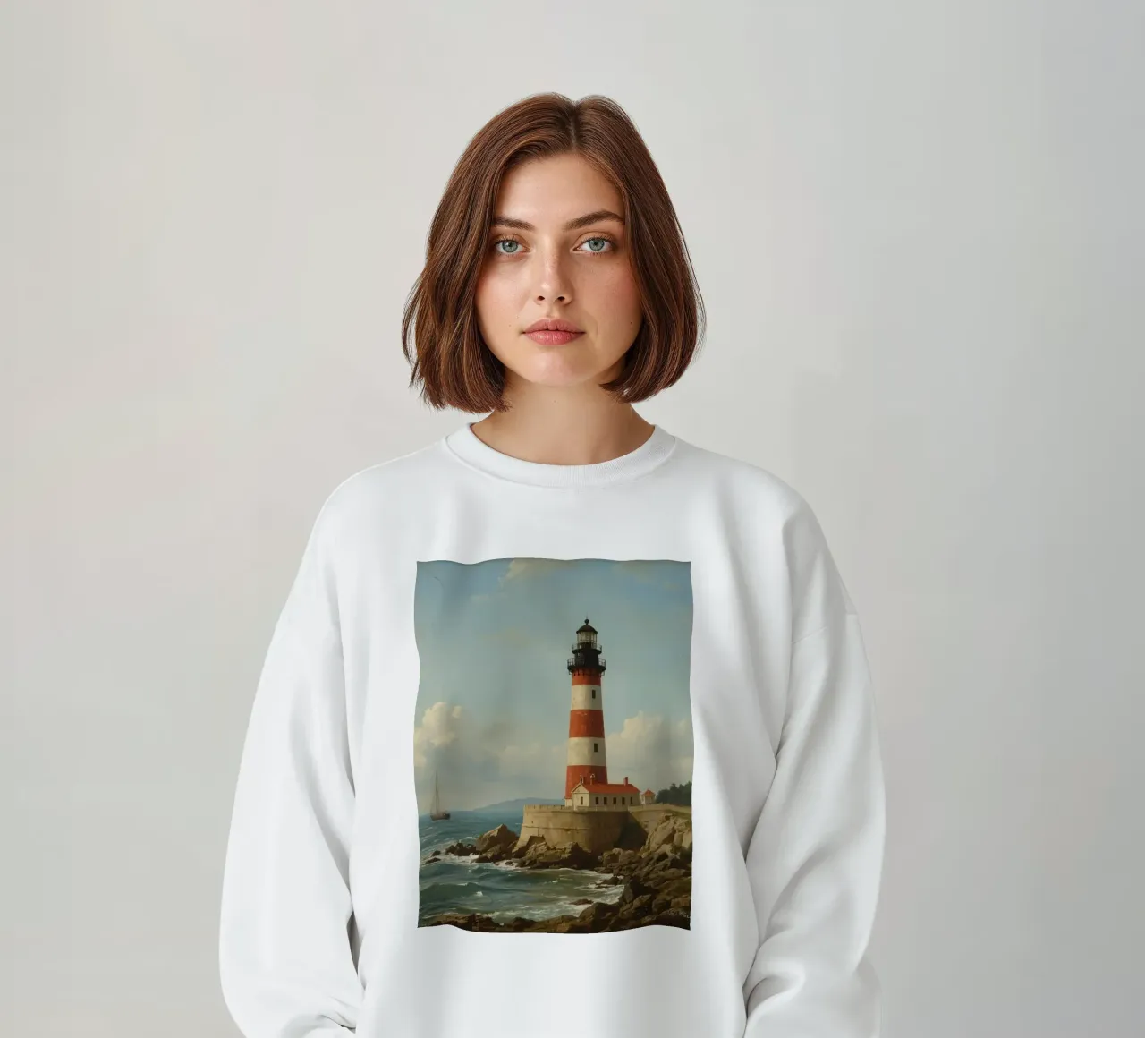 Lo storico faro si erge su una costa rocciosa con una barca a vela felpa da DesignDoodle