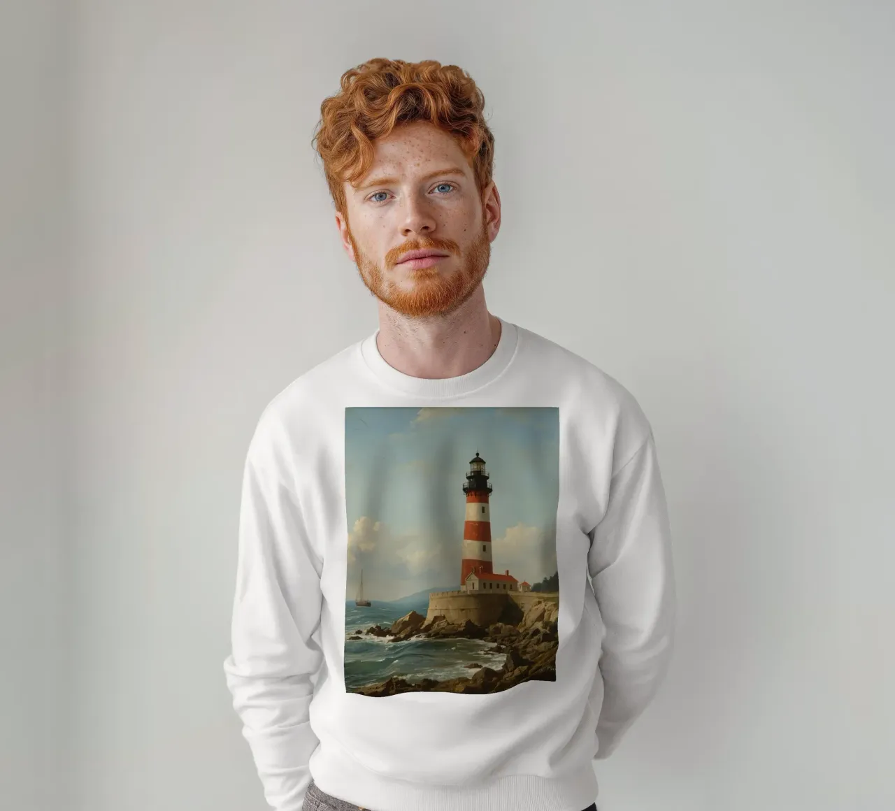 Lo storico faro si erge su una costa rocciosa con una barca a vela felpa da DesignDoodle