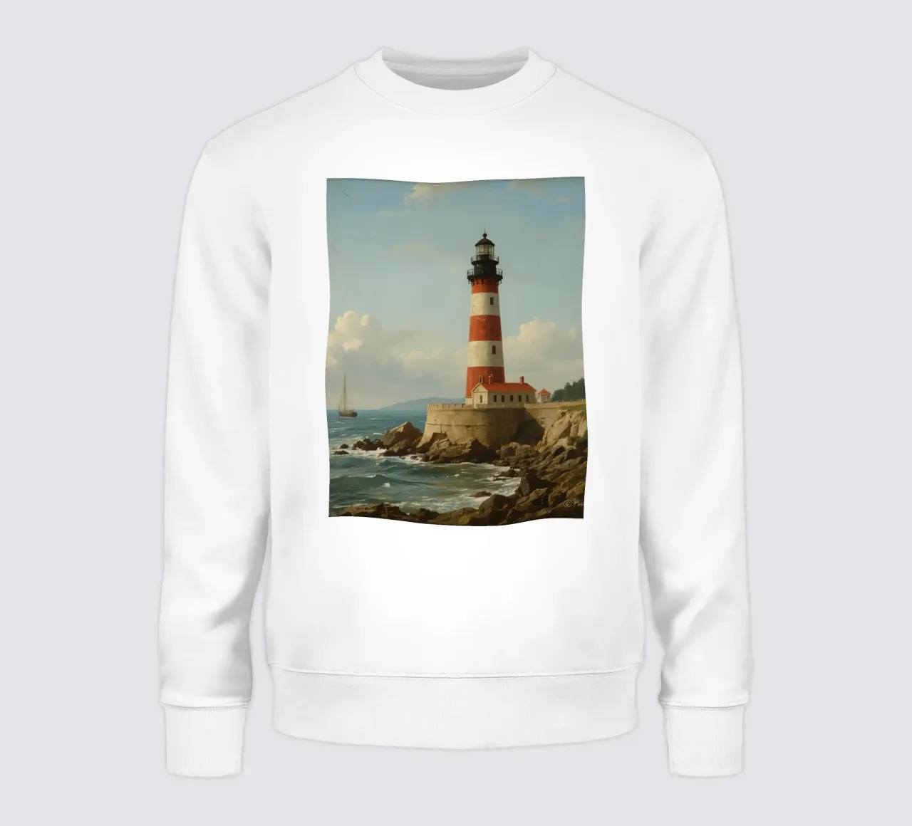 Lo storico faro si erge su una costa rocciosa con una barca a vela felpa da DesignDoodle