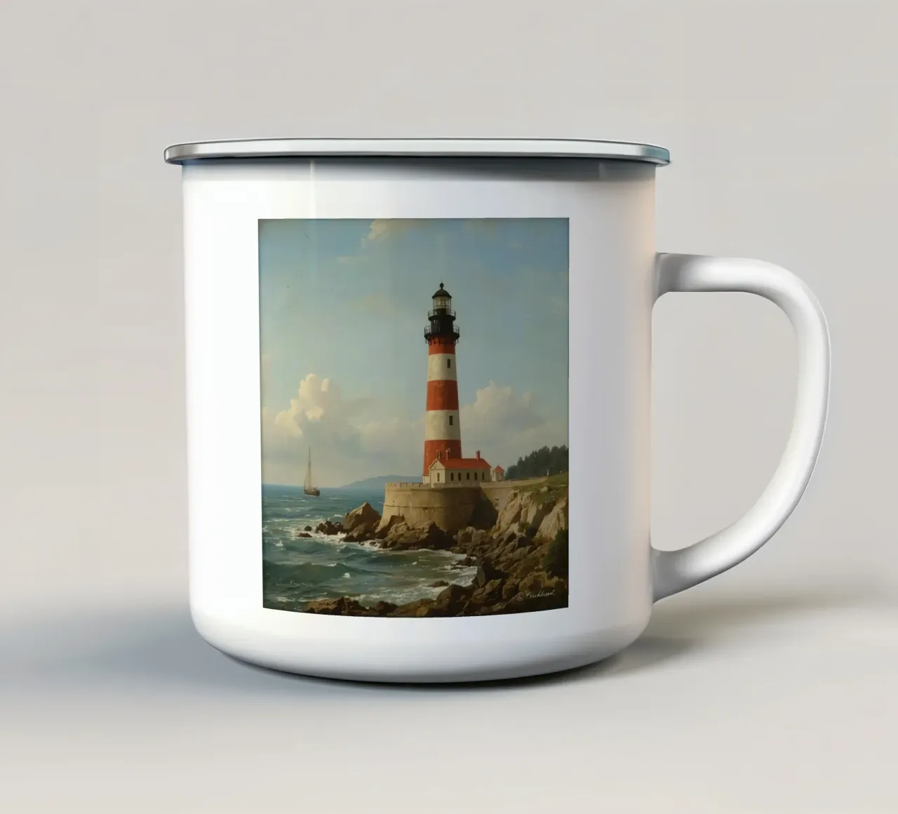 Lo storico faro si erge su una costa rocciosa con una barca a vela tazza in smalto da DesignDoodle