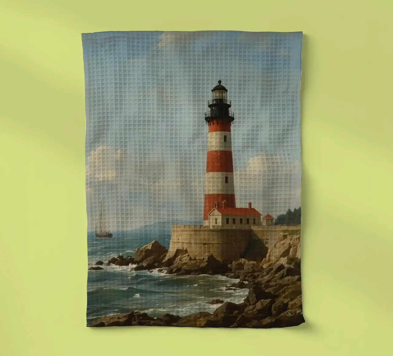 Le phare historique se dresse sur une côte rocheuse avec un voilier. torchon de DesignDoodle