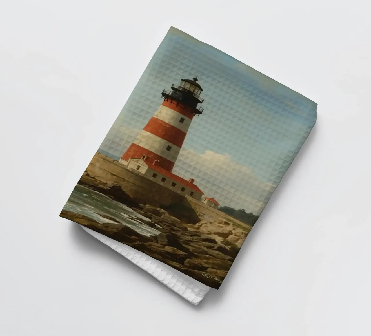 Le phare historique se dresse sur une côte rocheuse avec un voilier. torchon de DesignDoodle