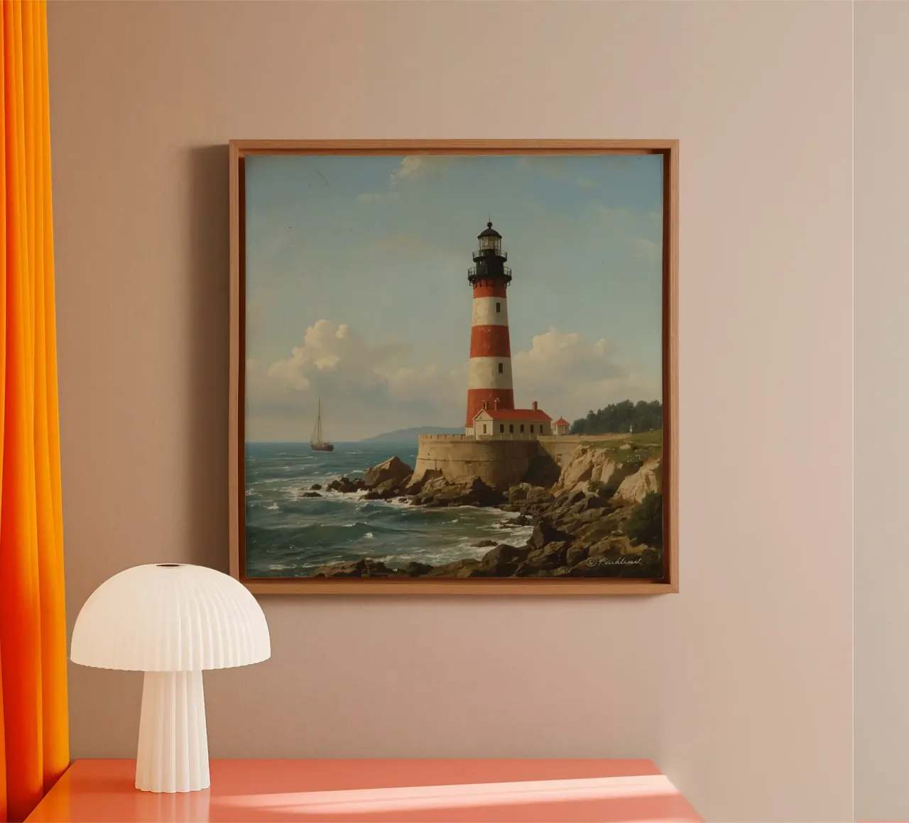 Lo storico faro si erge su una costa rocciosa con una barca a vela tela con Cornice a cassetta da DesignDoodle