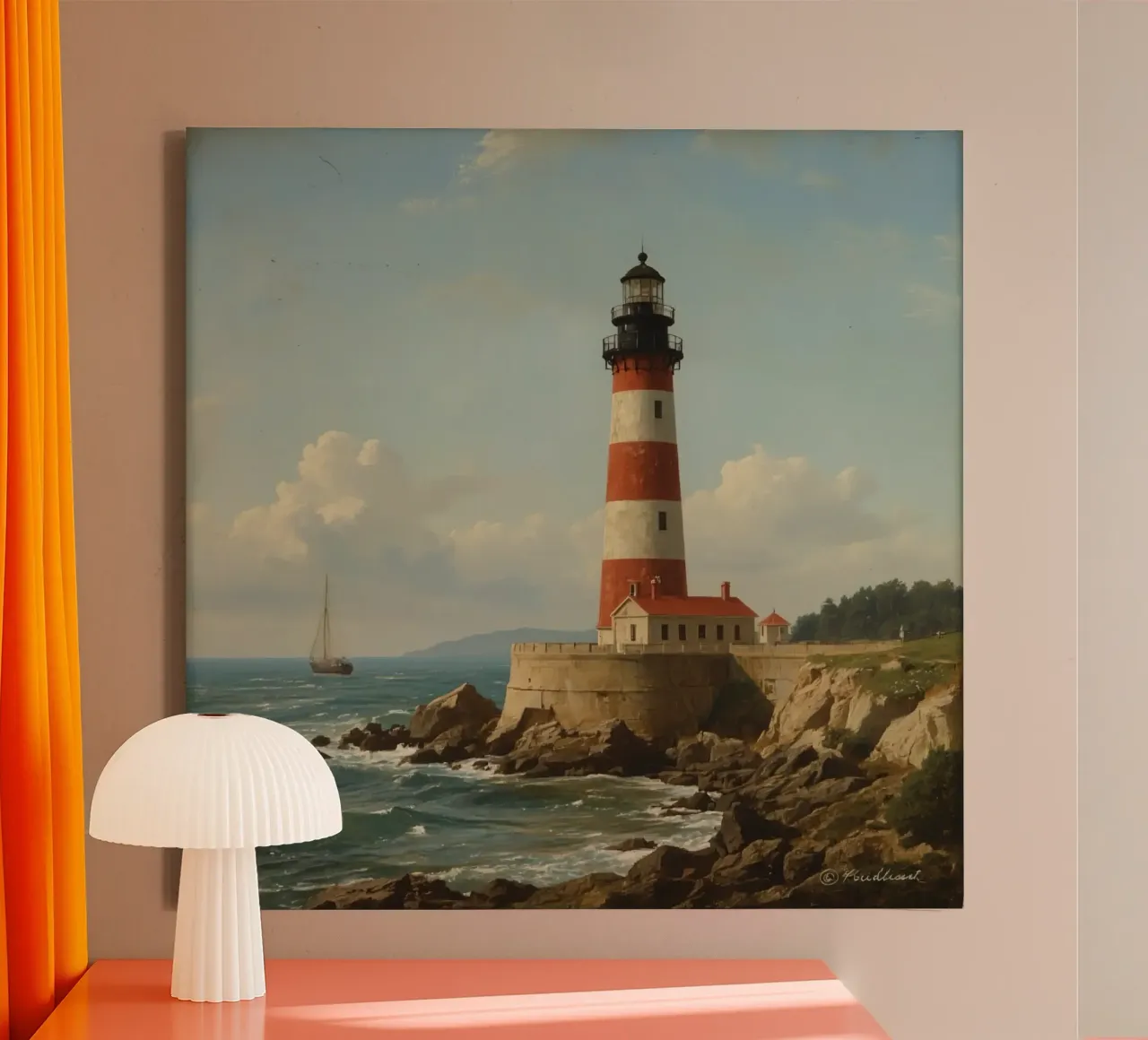 Lo storico faro si erge su una costa rocciosa con una barca a vela tela con Cornice a cassetta da DesignDoodle