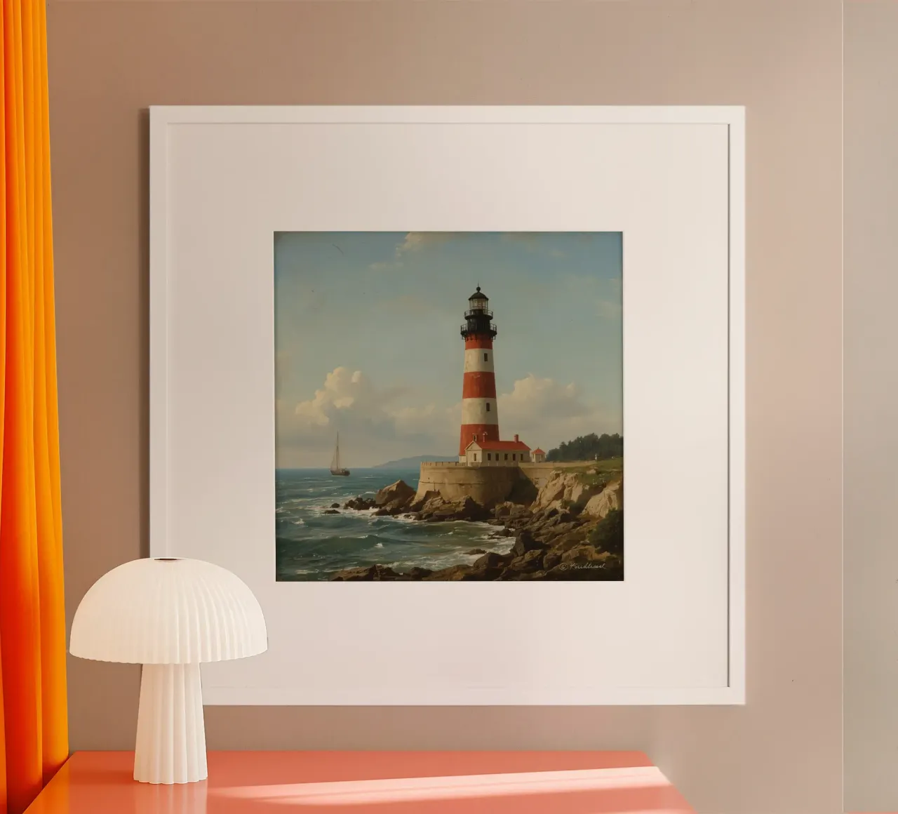 Lo storico faro si erge su una costa rocciosa con una barca a vela poster da DesignDoodle