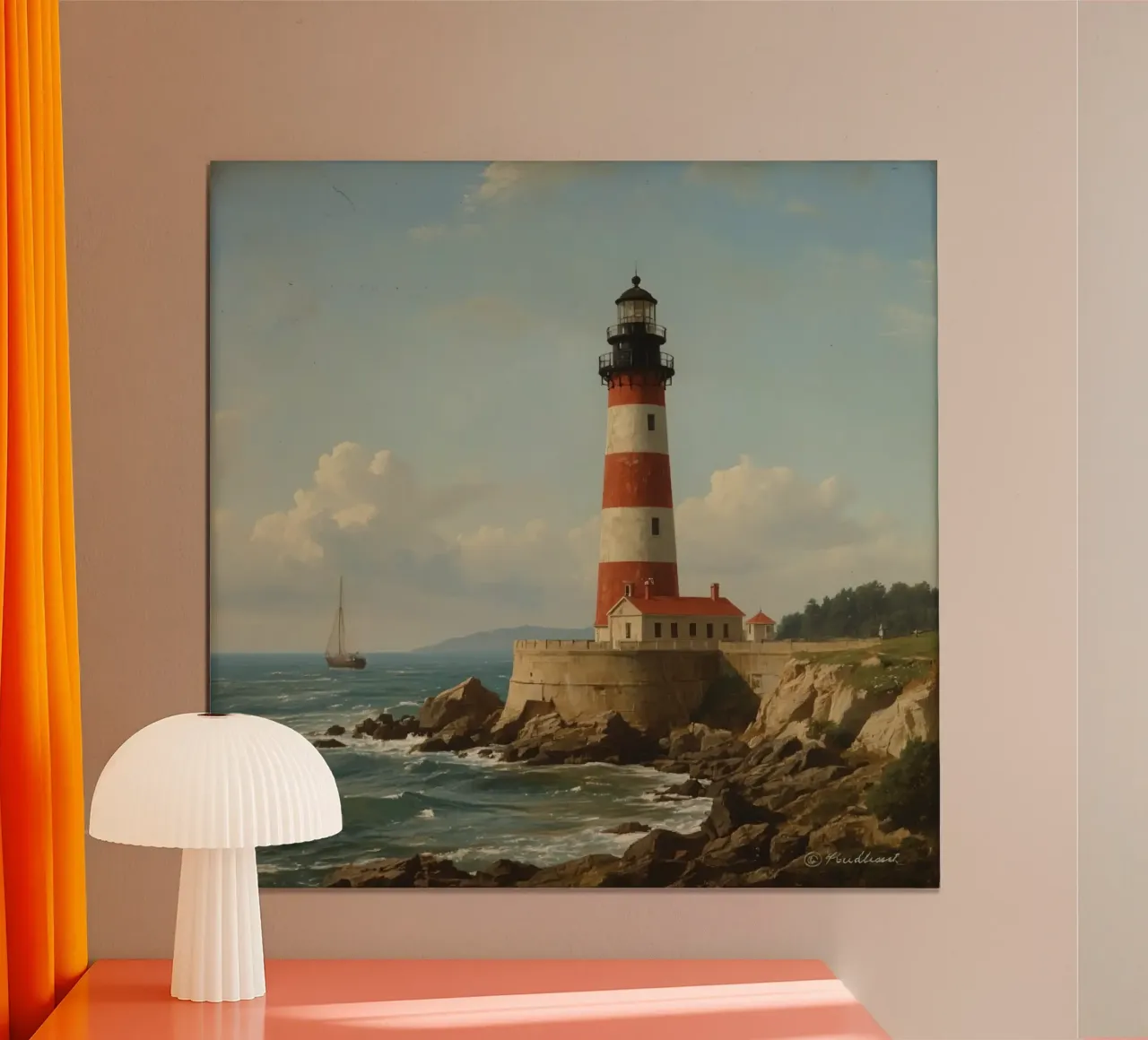 Lo storico faro si erge su una costa rocciosa con una barca a vela poster da DesignDoodle