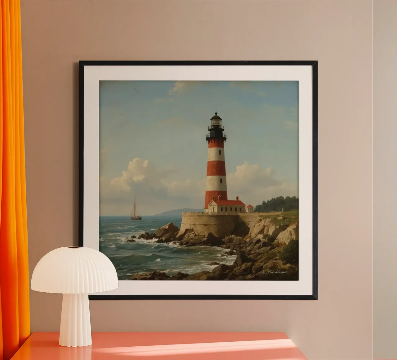 Lo storico faro si erge su una costa rocciosa con una barca a vela poster da DesignDoodle