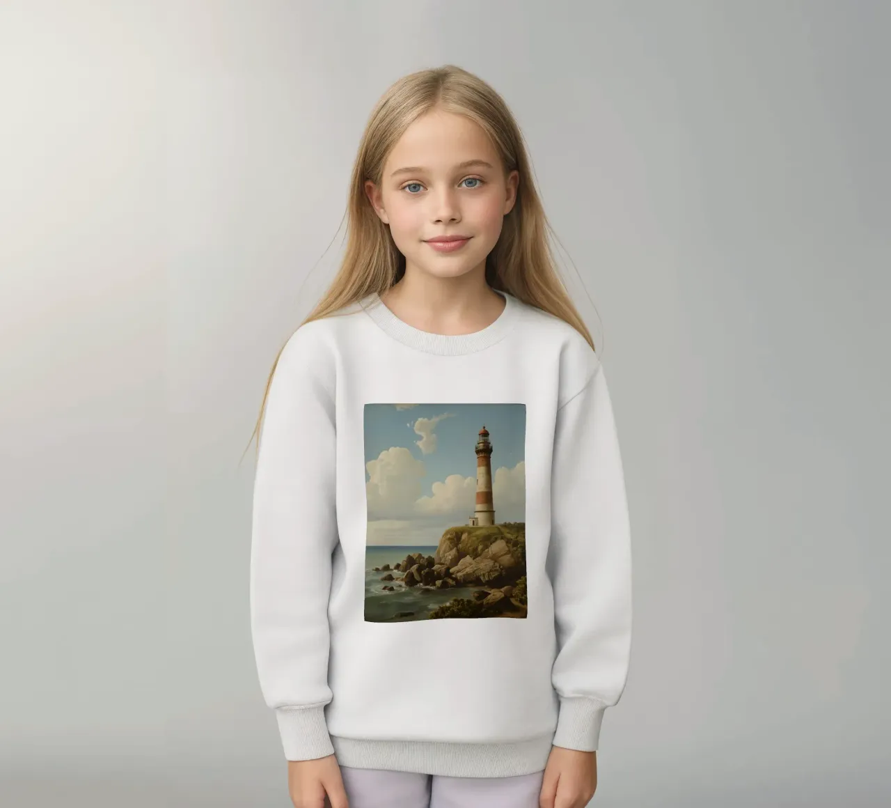 Leuchtturm auf einer felsigen Klippe mit Blick auf das Meer Kinder Sweatshirt von DesignDoodle
