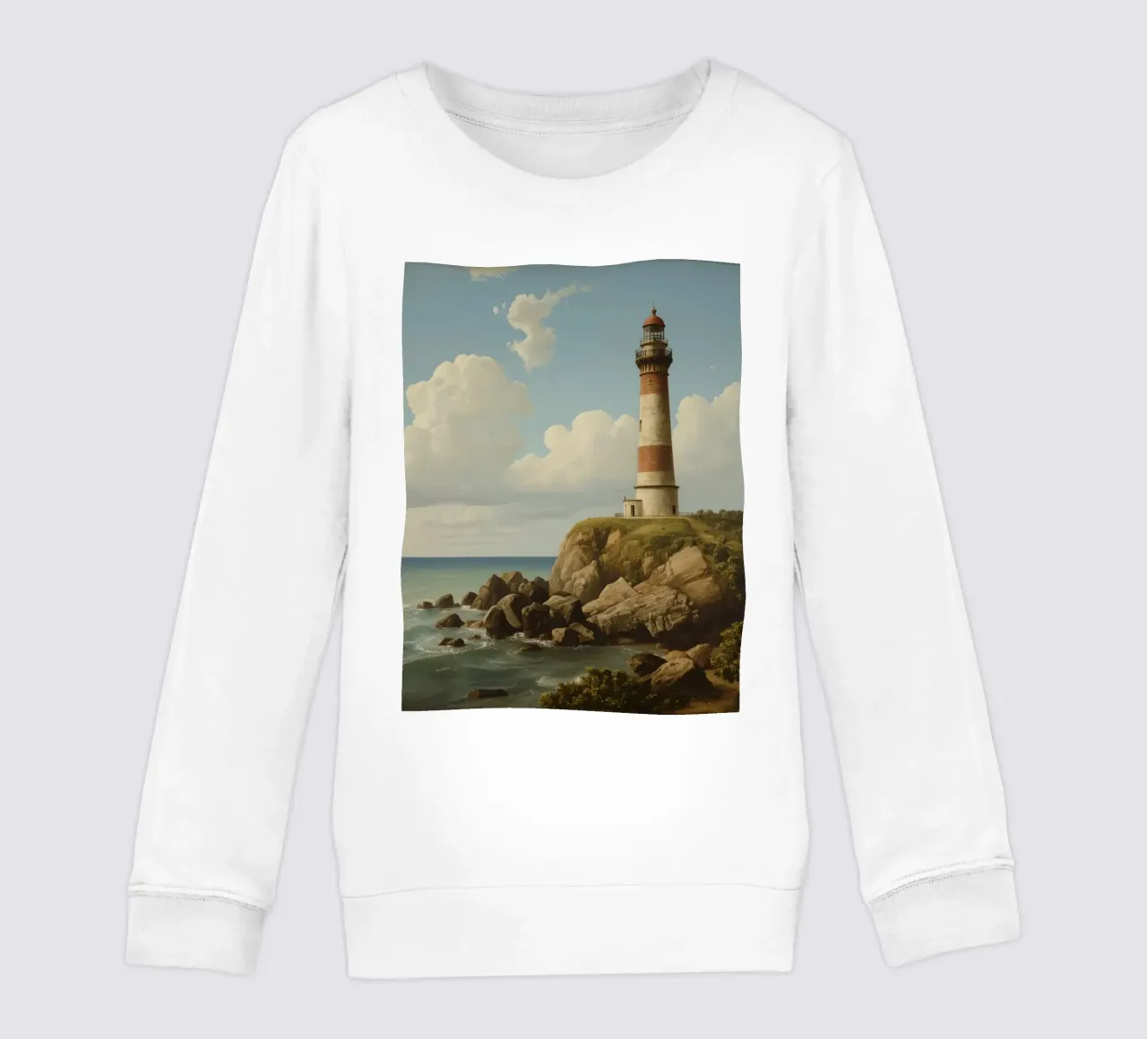 Leuchtturm auf einer felsigen Klippe mit Blick auf das Meer Kinder Sweatshirt von DesignDoodle