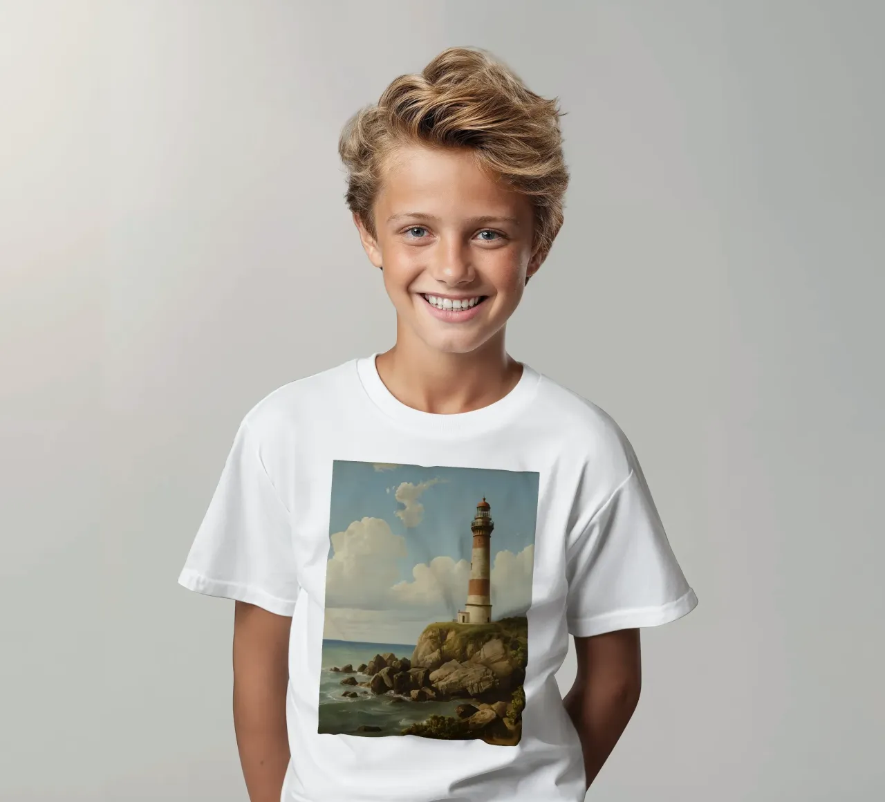 Faro arroccato su una scogliera rocciosa a picco sull'oceano t-shirt bambini da DesignDoodle