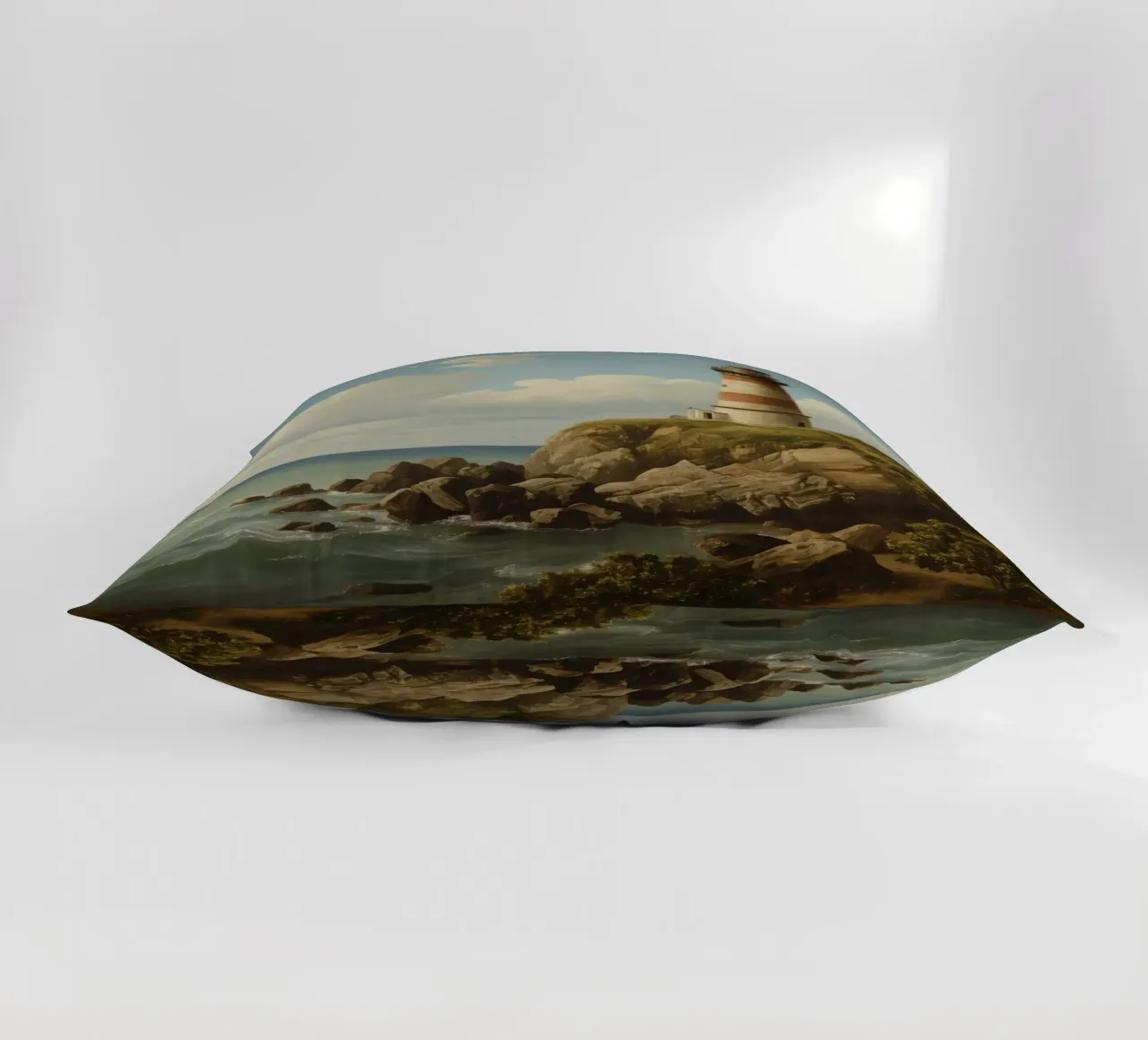 Lighthouse perched on a rocky cliff overlooking the ocean decorative cushion by DesignDoodle