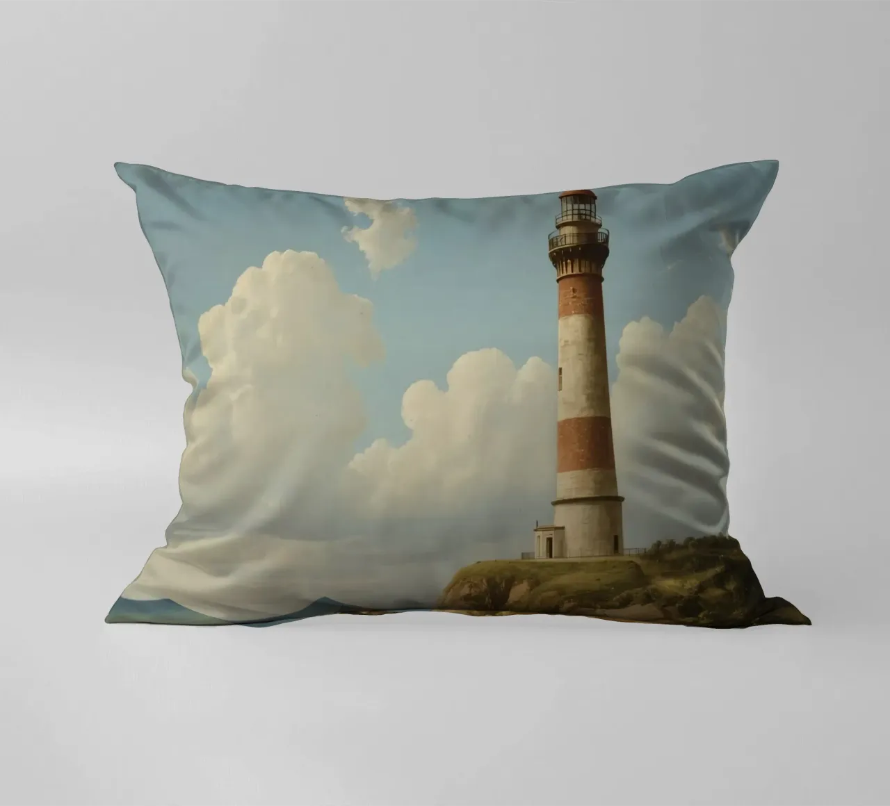 Lighthouse perched on a rocky cliff overlooking the ocean decorative cushion by DesignDoodle