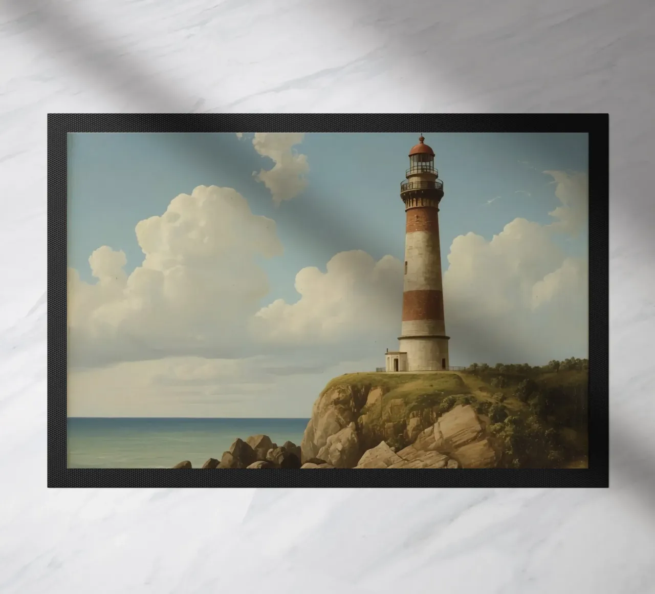Lighthouse perched on a rocky cliff overlooking the ocean doormat by DesignDoodle