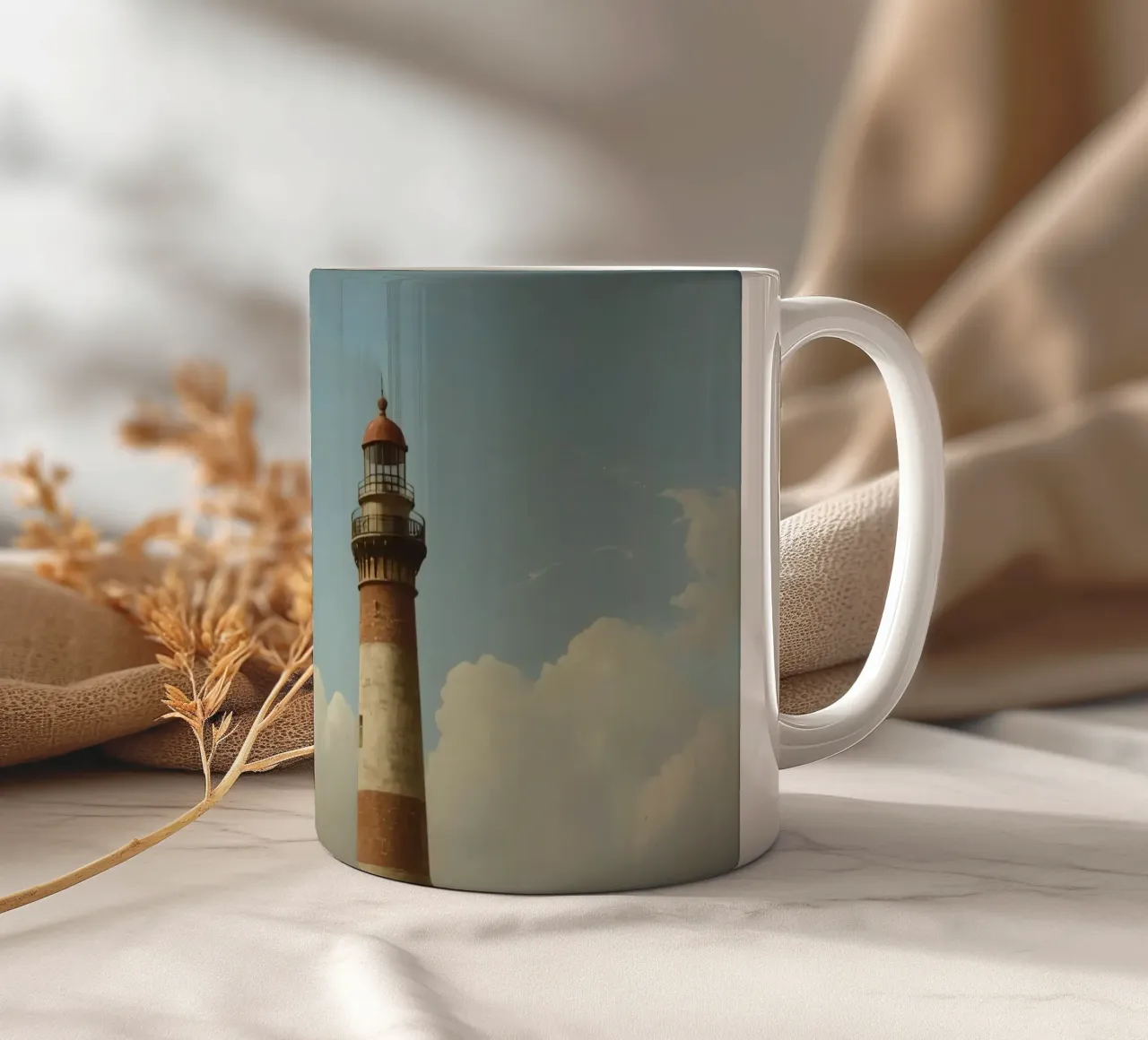 Leuchtturm auf einer felsigen Klippe mit Blick auf das Meer Keramik Tasse von DesignDoodle