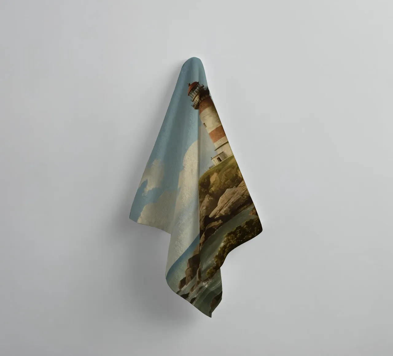 Lighthouse perched on a rocky cliff overlooking the ocean towel by DesignDoodle