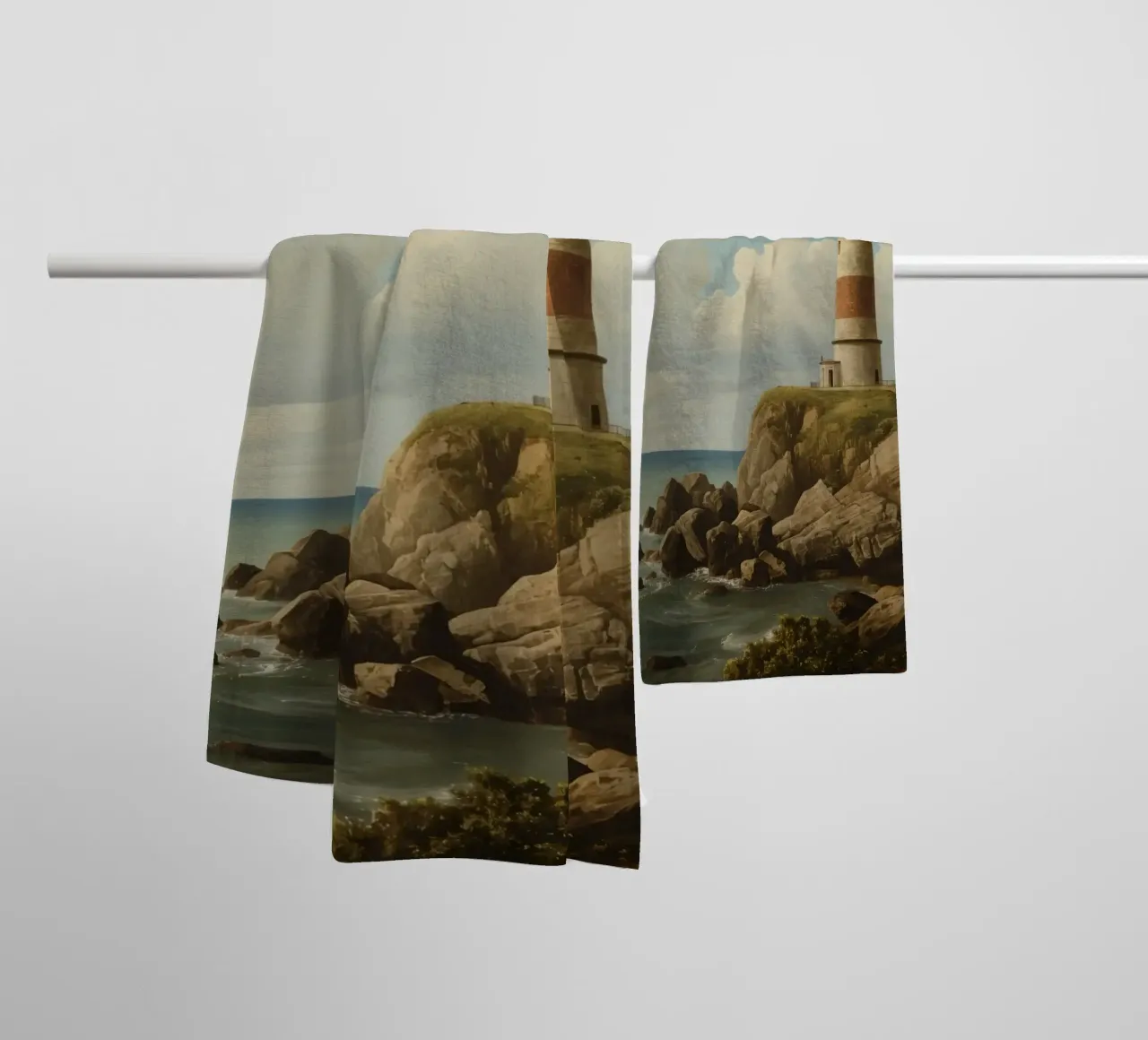 Lighthouse perched on a rocky cliff overlooking the ocean towel by DesignDoodle