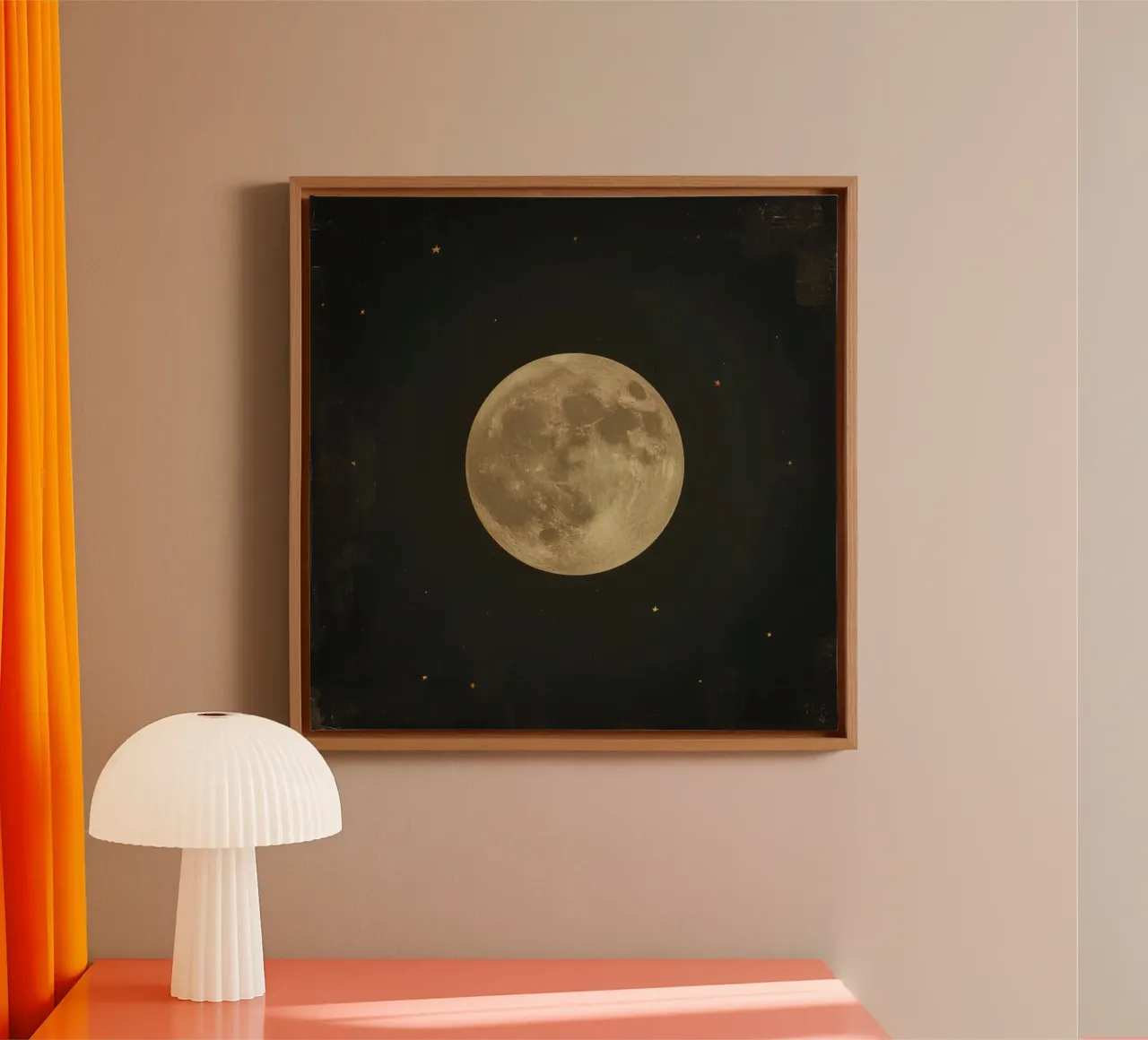 Full moon illuminates night sky with bright glow and scatter canvas with Floater frame by DesignDoodle