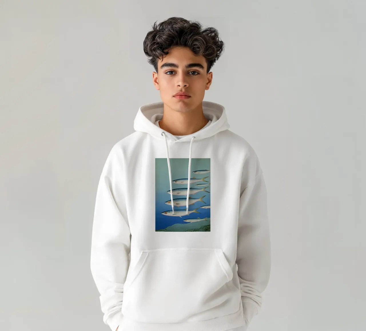 Sardine Seaside Serenade — Coastal Watercolor Fish Print Art hoodie by Kaji