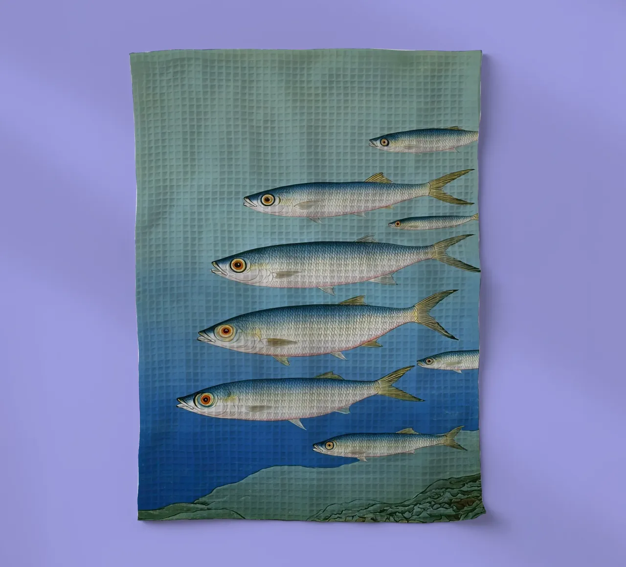 Sardine Seaside Serenade — Coastal Watercolor Fish Print Art tea towel by Kaji