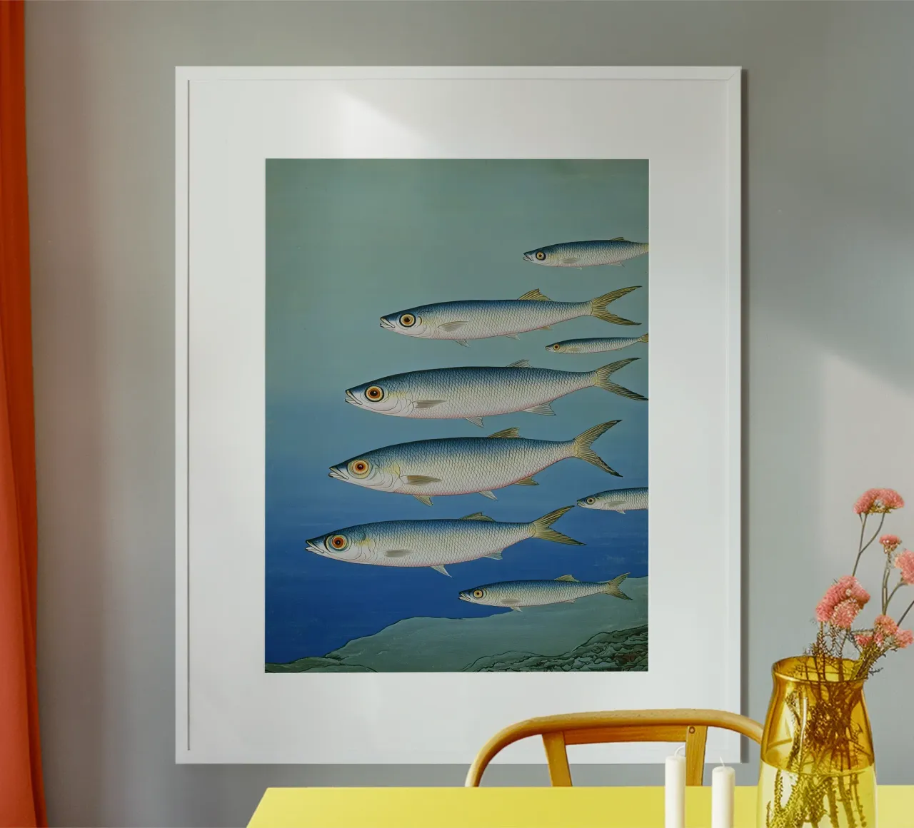Sardine Seaside Serenade - Coastal Watercolor Fish Print Art (Sardine Sérénade au bord de la mer - Poissons imprimés sur la côte) poster de Kaji