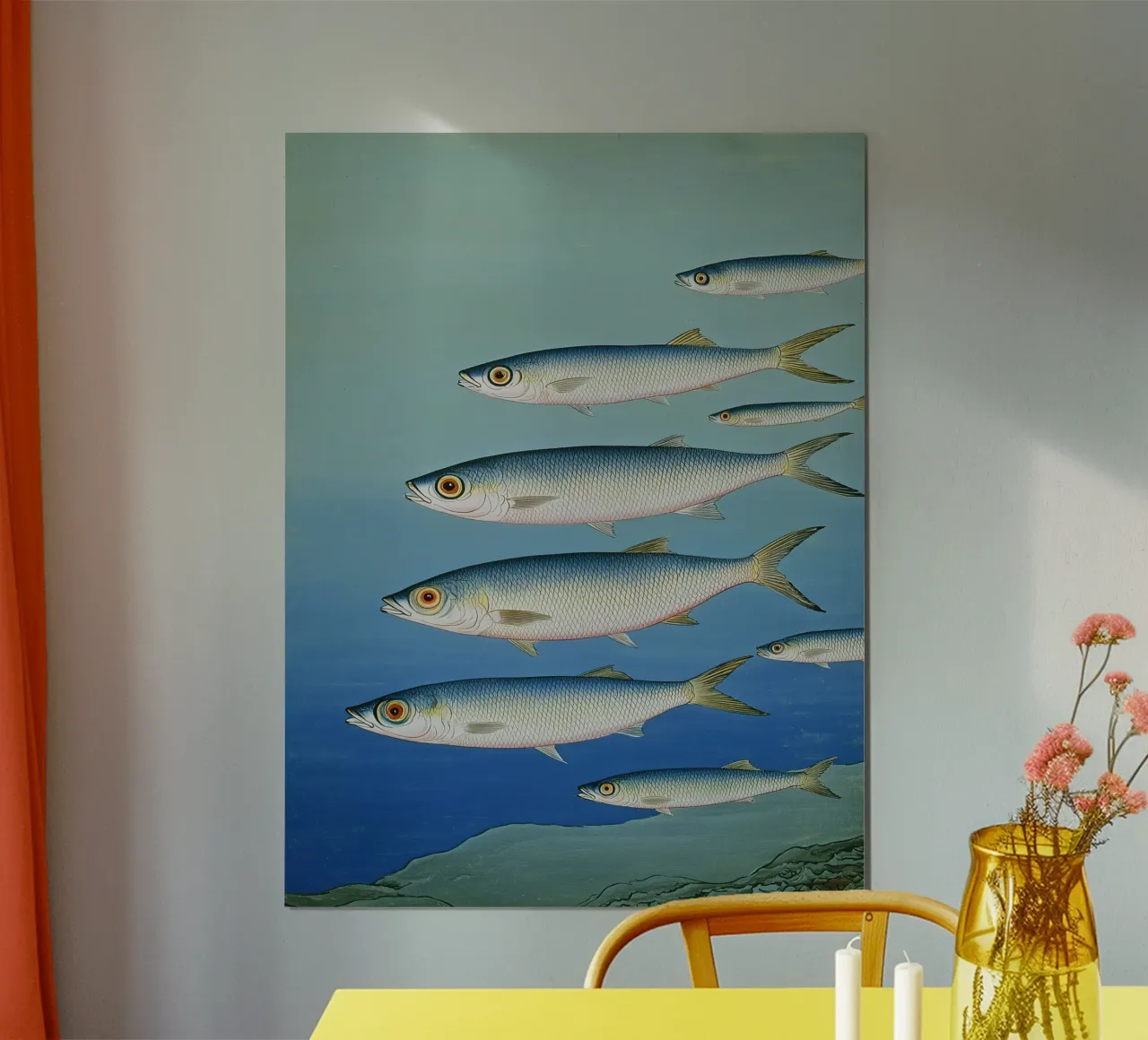 Sardine Seaside Serenade - Coastal Watercolor Fish Print Art (Sardine Sérénade au bord de la mer - Poissons imprimés sur la côte) poster de Kaji