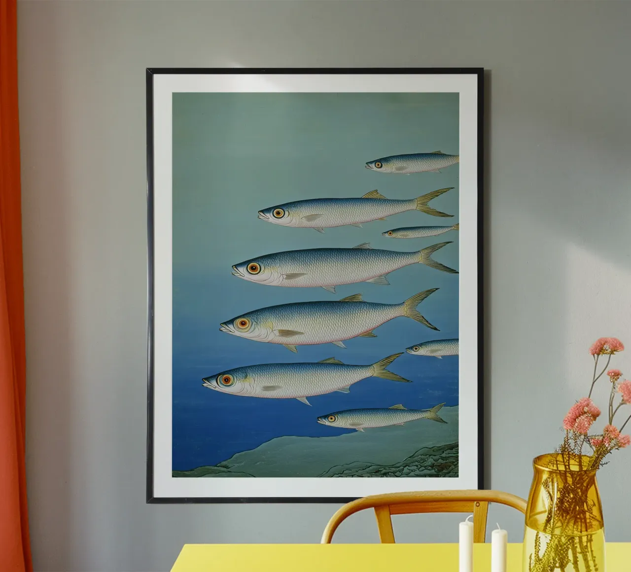 Sardine Seaside Serenade - Coastal Watercolor Fish Print Art (Sardine Sérénade au bord de la mer - Poissons imprimés sur la côte) poster de Kaji