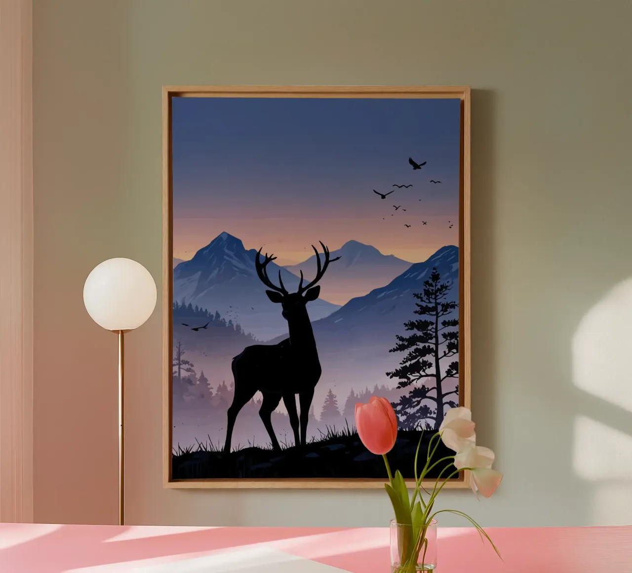 Deer in the Mountain at Twilight canvas with Floater frame by artdesign1985