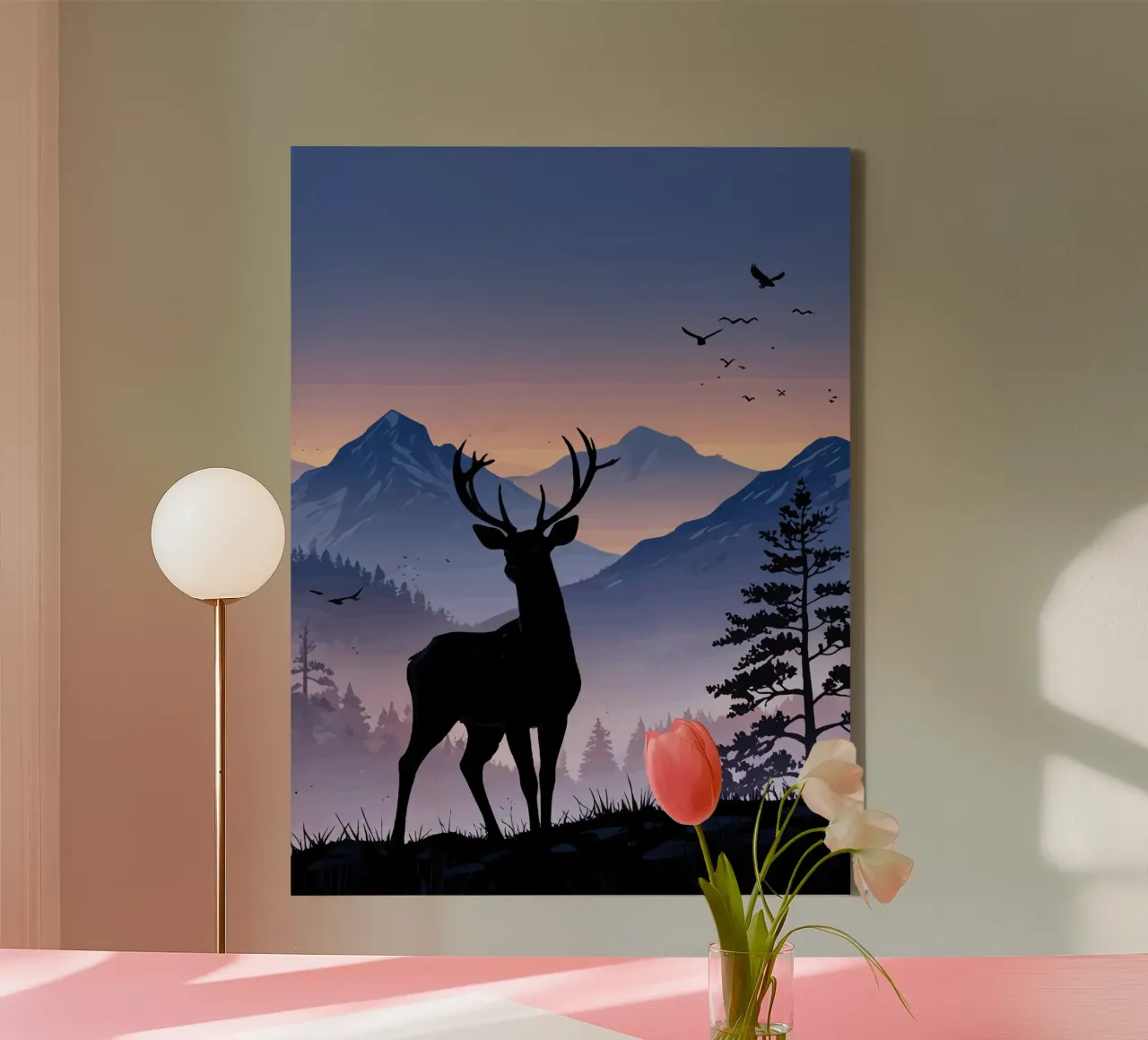 Deer in the Mountain at Twilight canvas with Floater frame by artdesign1985