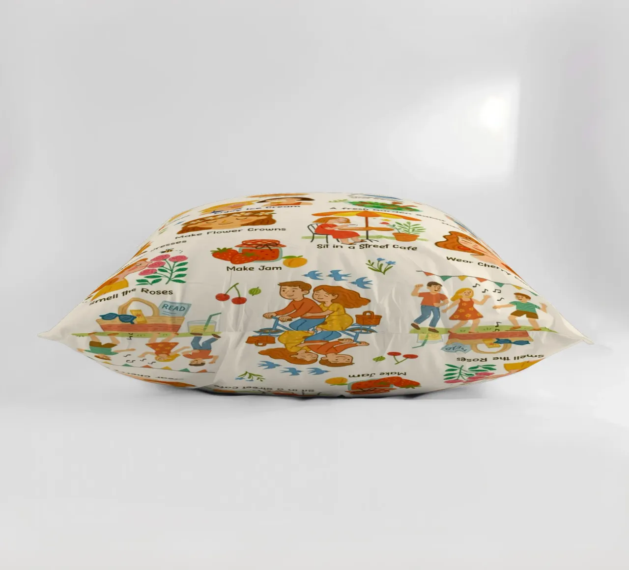 Lovely Things to do in Summer - crayon illustration decorative cushion by Taika Tori Art