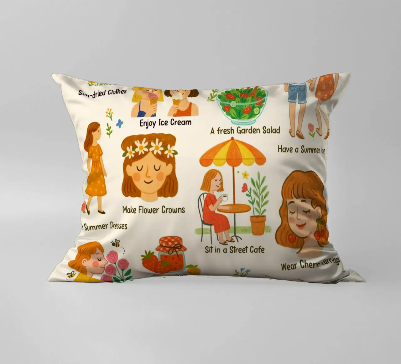 Lovely Things to do in Summer - crayon illustration decorative cushion by Taika Tori Art
