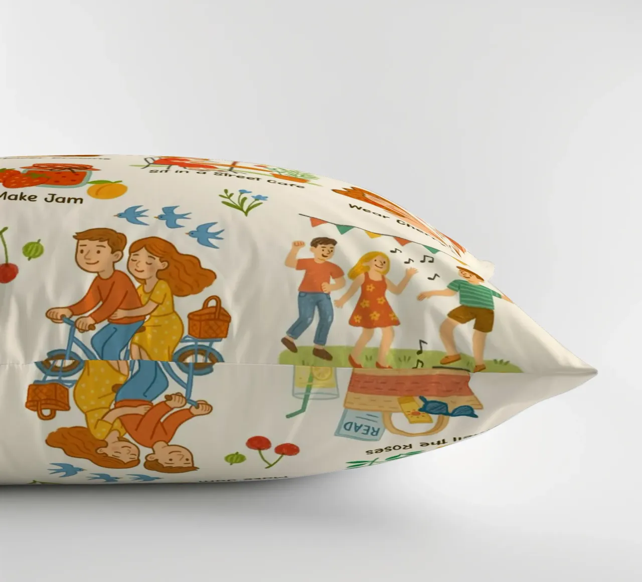 Lovely Things to do in Summer - crayon illustration decorative cushion by Taika Tori Art