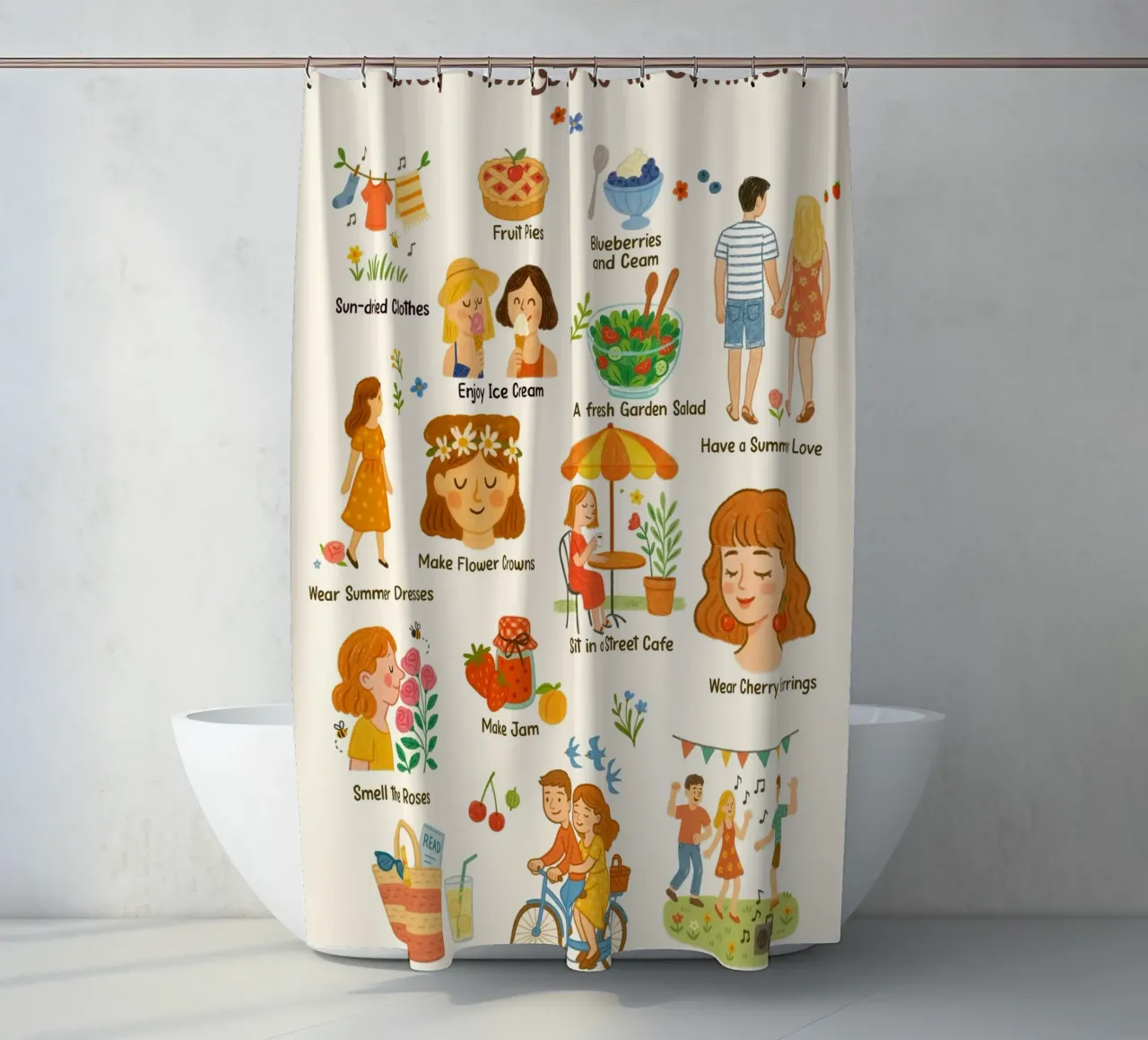Lovely Things to do in Summer - crayon illustration shower curtain by Taika Tori Art