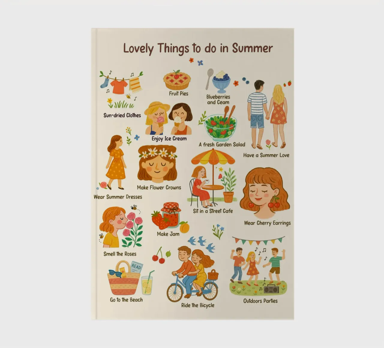 Lovely Things to do in Summer - crayon illustration notebook by Taika Tori Art