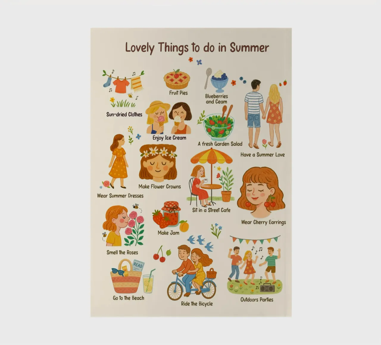 Lovely Things to do in Summer - crayon illustration notebook by Taika Tori Art