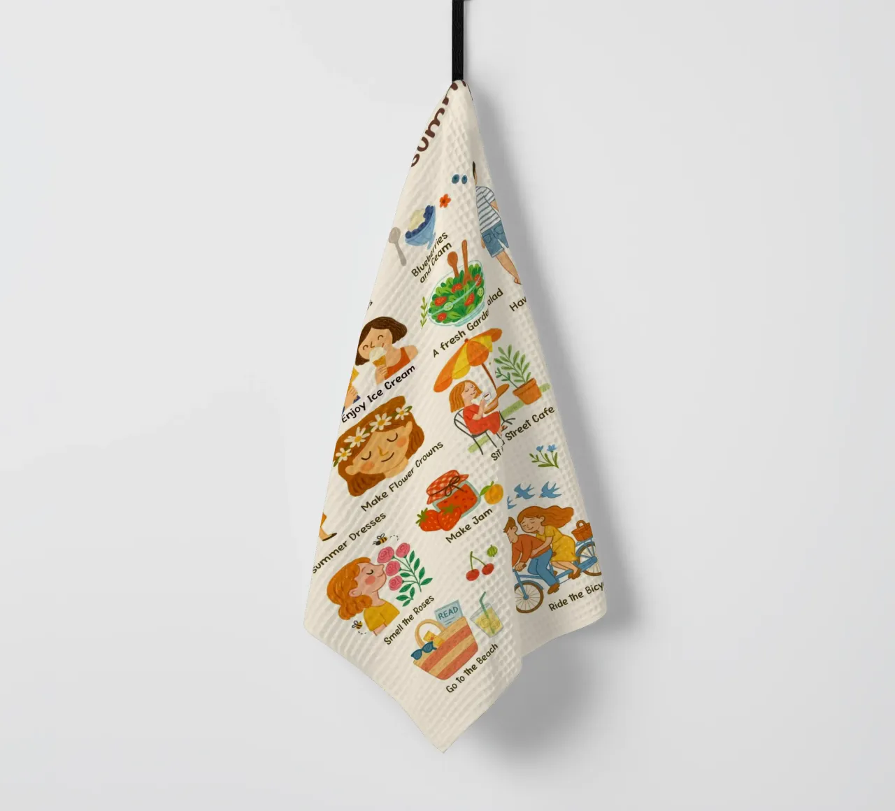 Lovely Things to do in Summer - crayon illustration tea towel by Taika Tori Art
