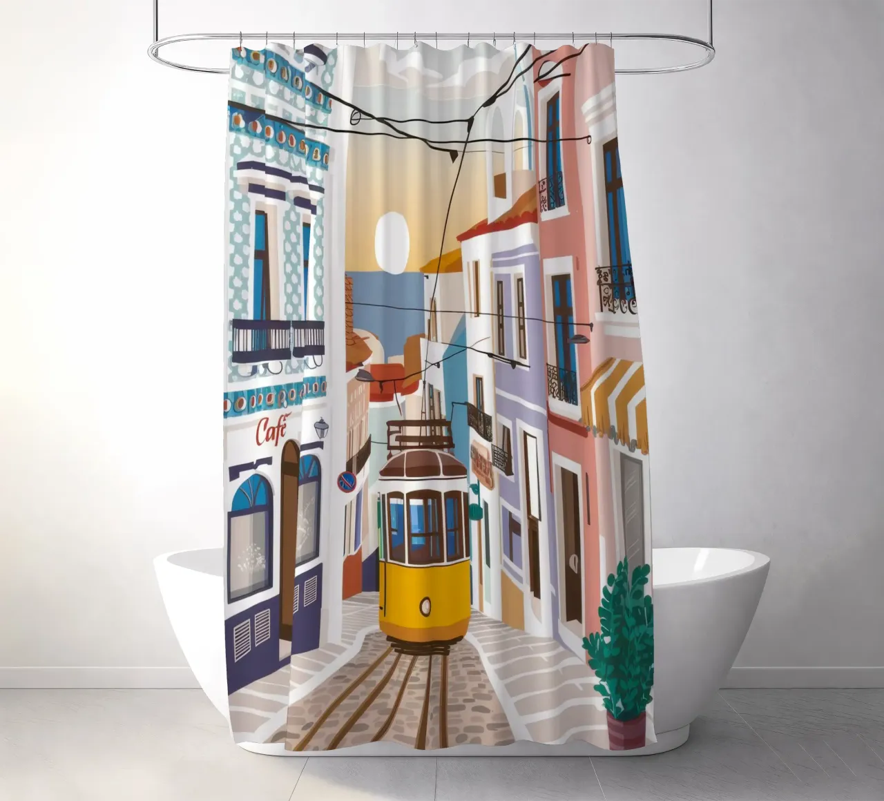 Viaggio in tram a Lisbona tenda da doccia da Obs Canvas