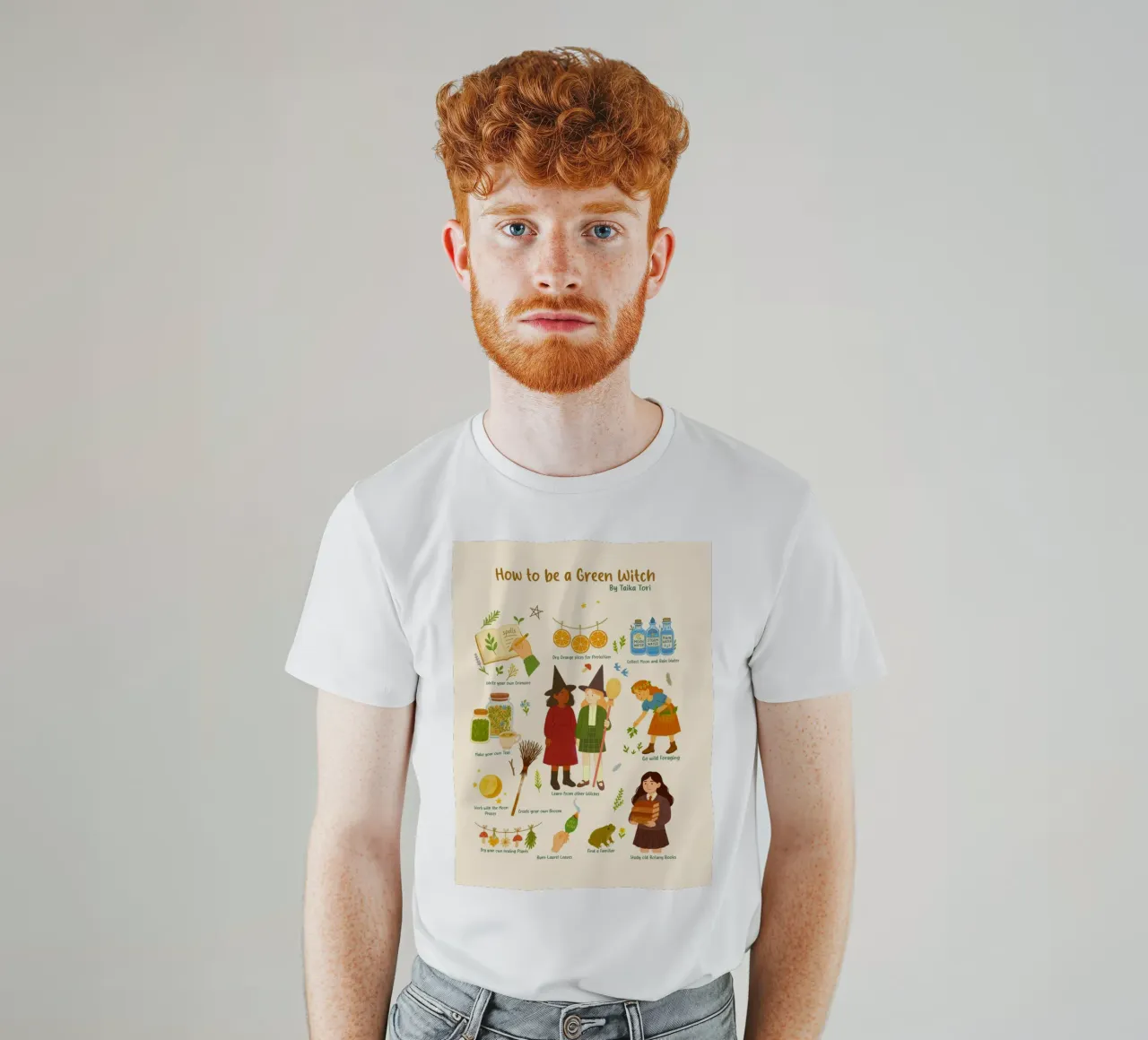 How to be a Green Witch - crayon style illustration t-shirt by Taika Tori Art
