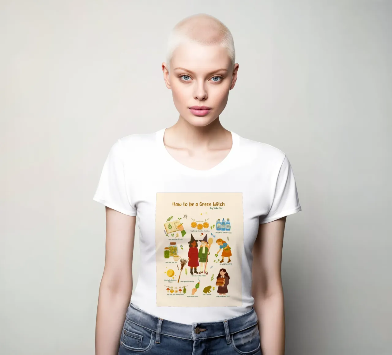 How to be a Green Witch - crayon style illustration t-shirt da donna da Taika Tori Art