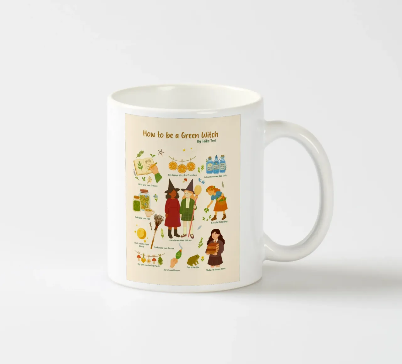 How to be a Green Witch - crayon style illustration ceramic mug by Taika Tori Art