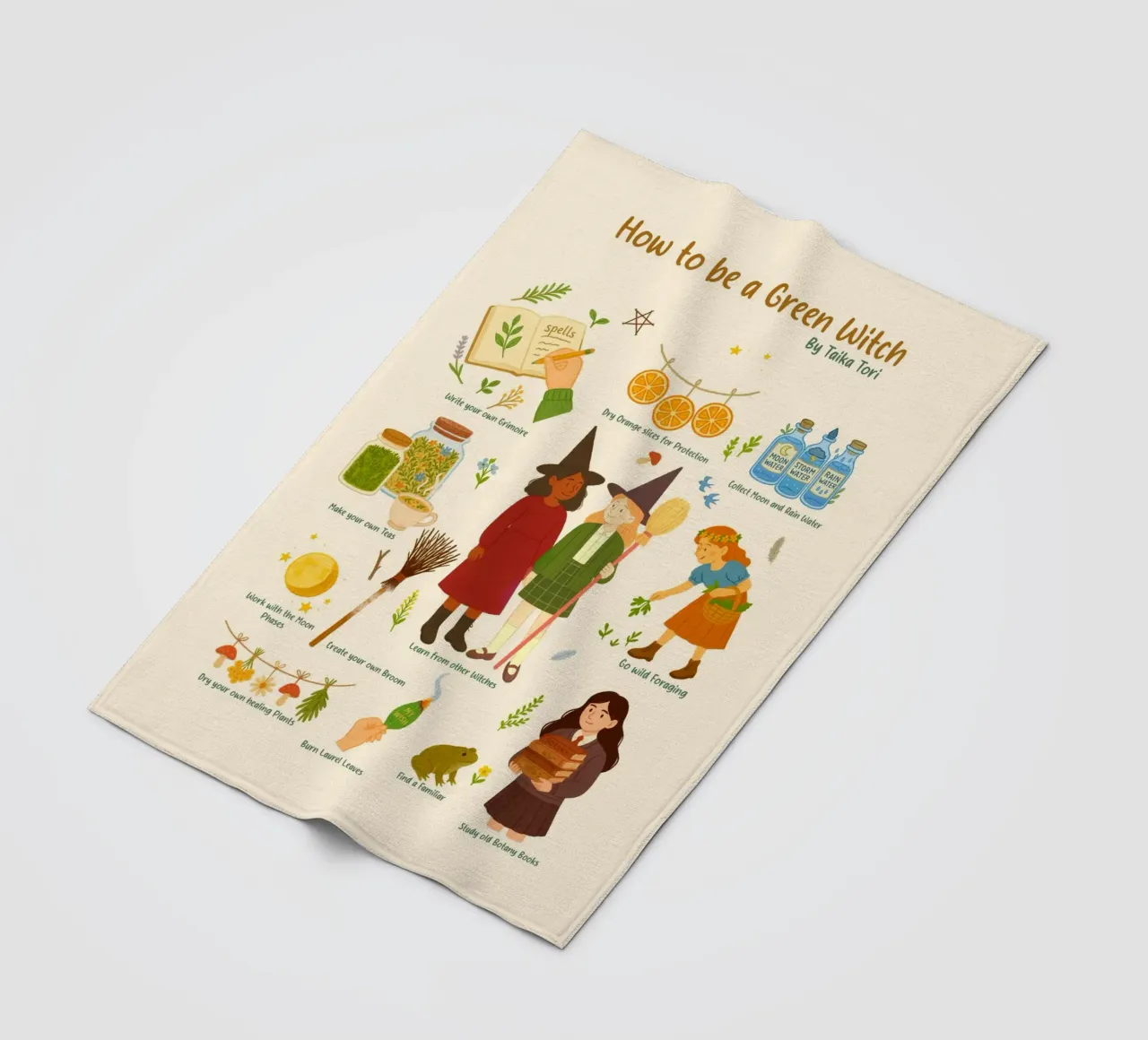 How to be a Green Witch - crayon style illustration fleece blanket by Taika Tori Art
