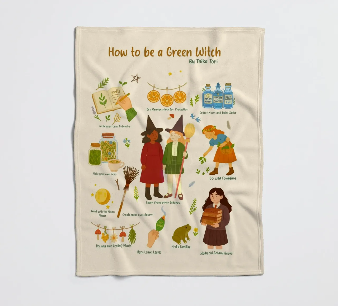 How to be a Green Witch - crayon style illustration fleece blanket by Taika Tori Art