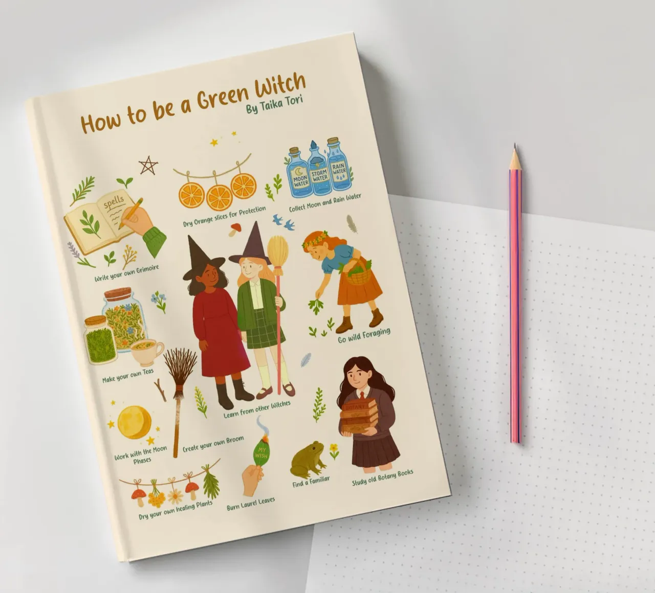 How to be a Green Witch - crayon style illustration diario da Taika Tori Art