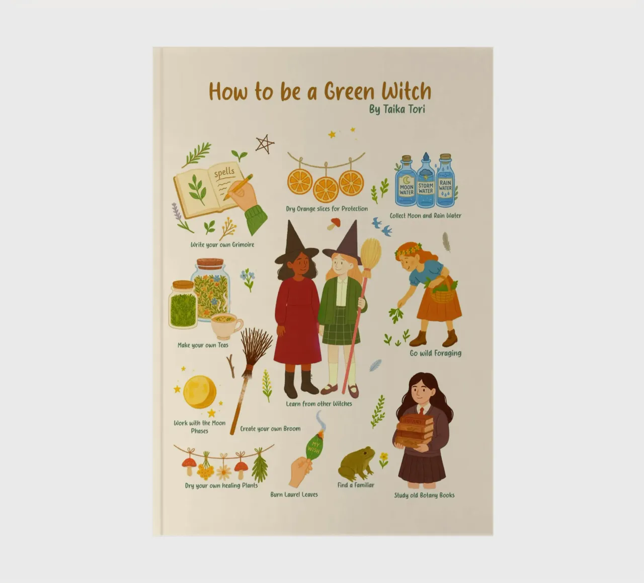 How to be a Green Witch - crayon style illustration diario da Taika Tori Art