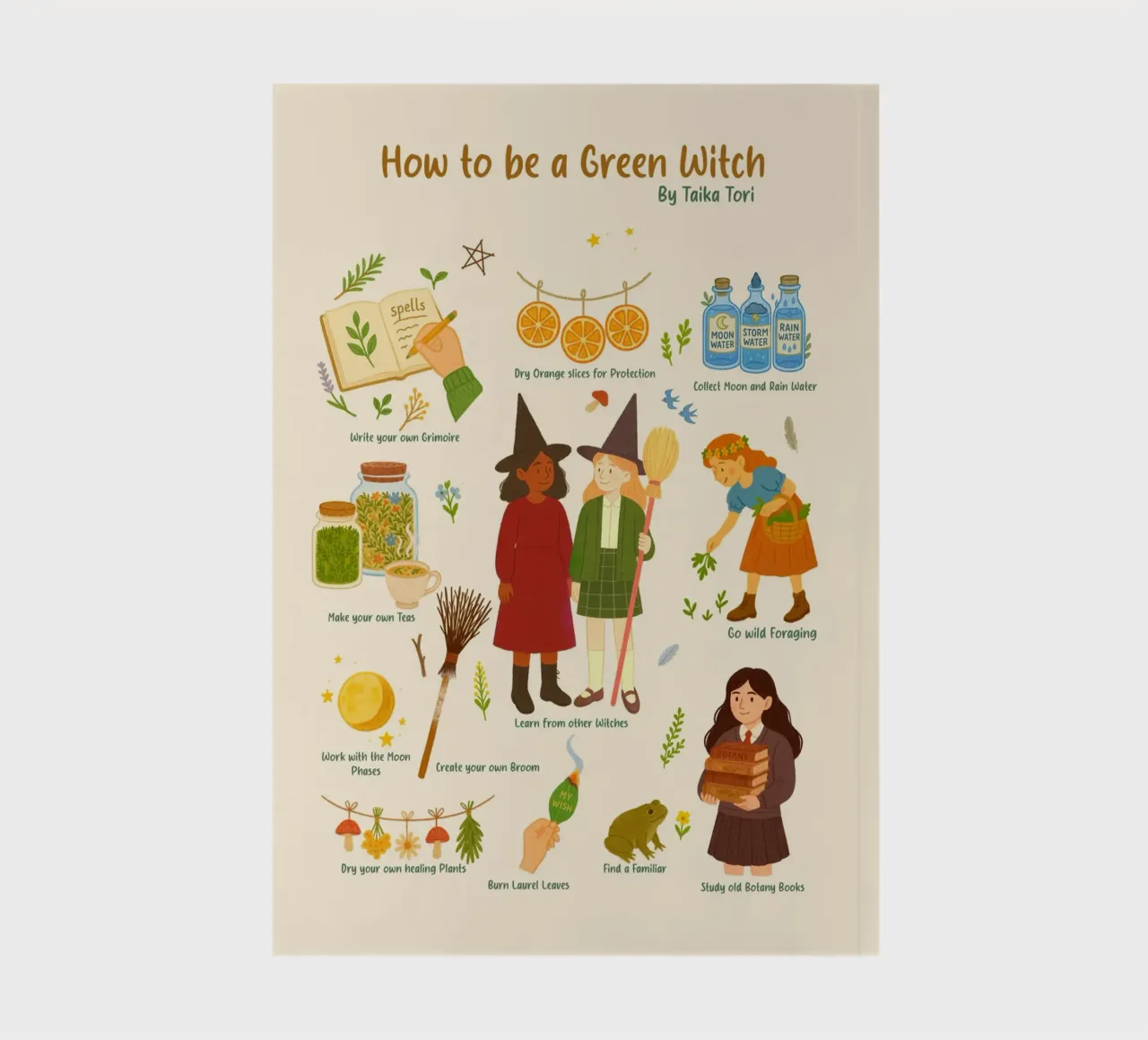How to be a Green Witch - crayon style illustration diario da Taika Tori Art