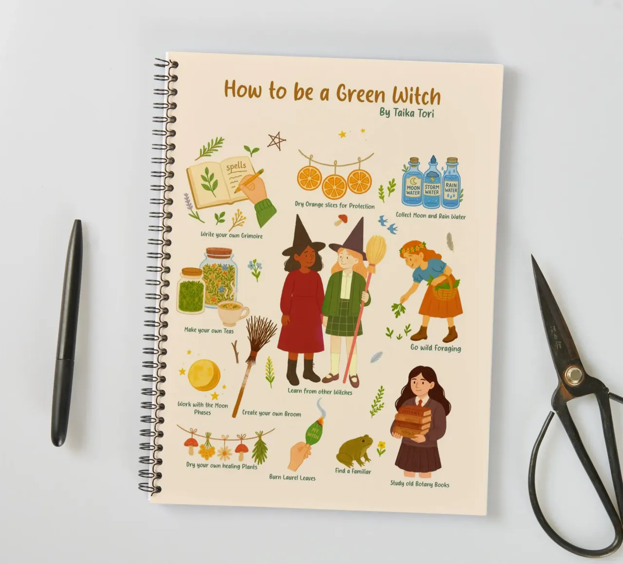 How to be a Green Witch - crayon style illustration spiral notebook by Taika Tori Art